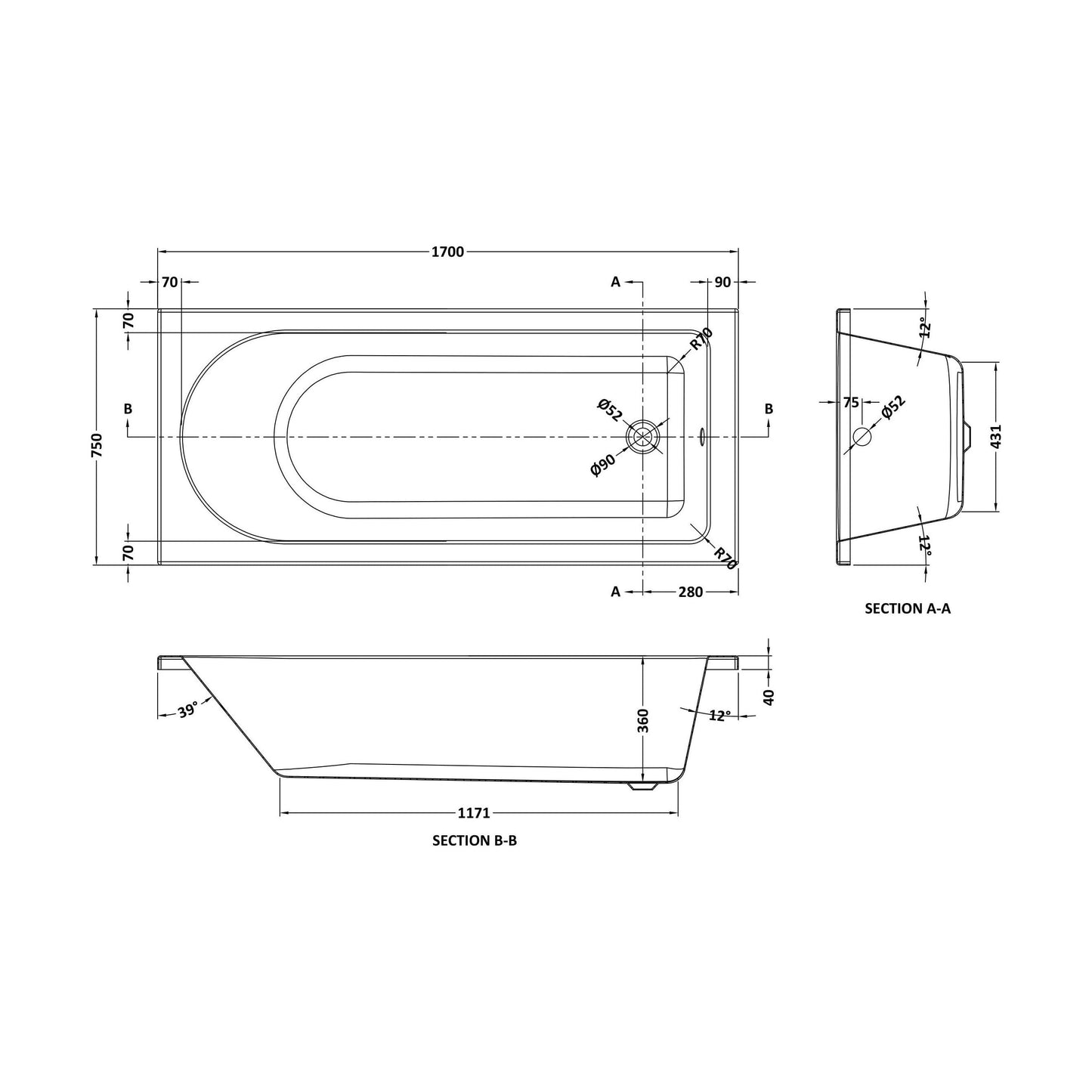 [BBZSE017] Round Single Ended 1700x750 Shower Bath Set - Front Panel, Chrome Straight Bath Screen & Leg Set - Technical Drawing