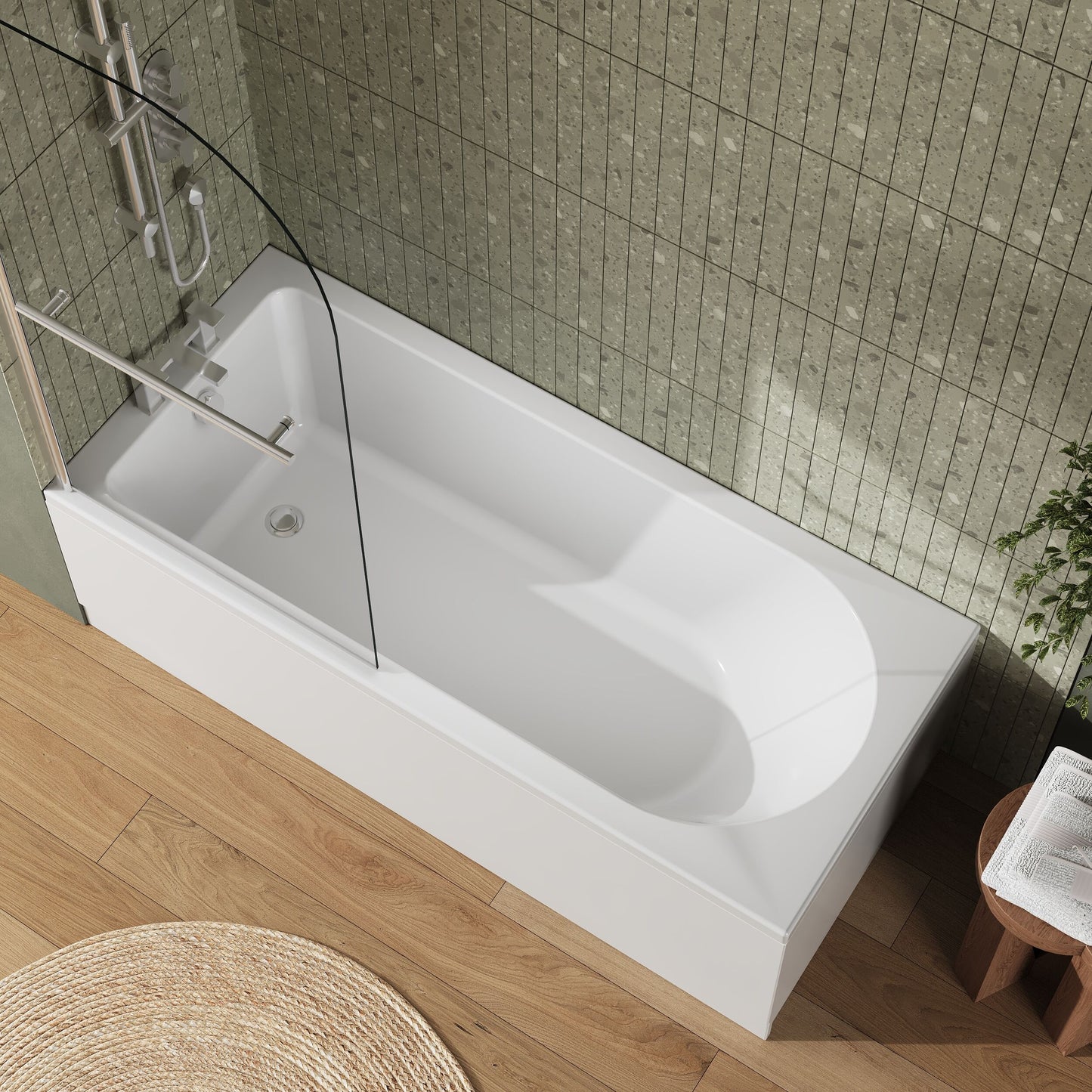 [BBZSE018] Round Single Ended 1700x750 Shower Bath Set - Front Panel, Chrome Straight Bath Screen with Towel Rail & Leg Set - Lifestyle 2