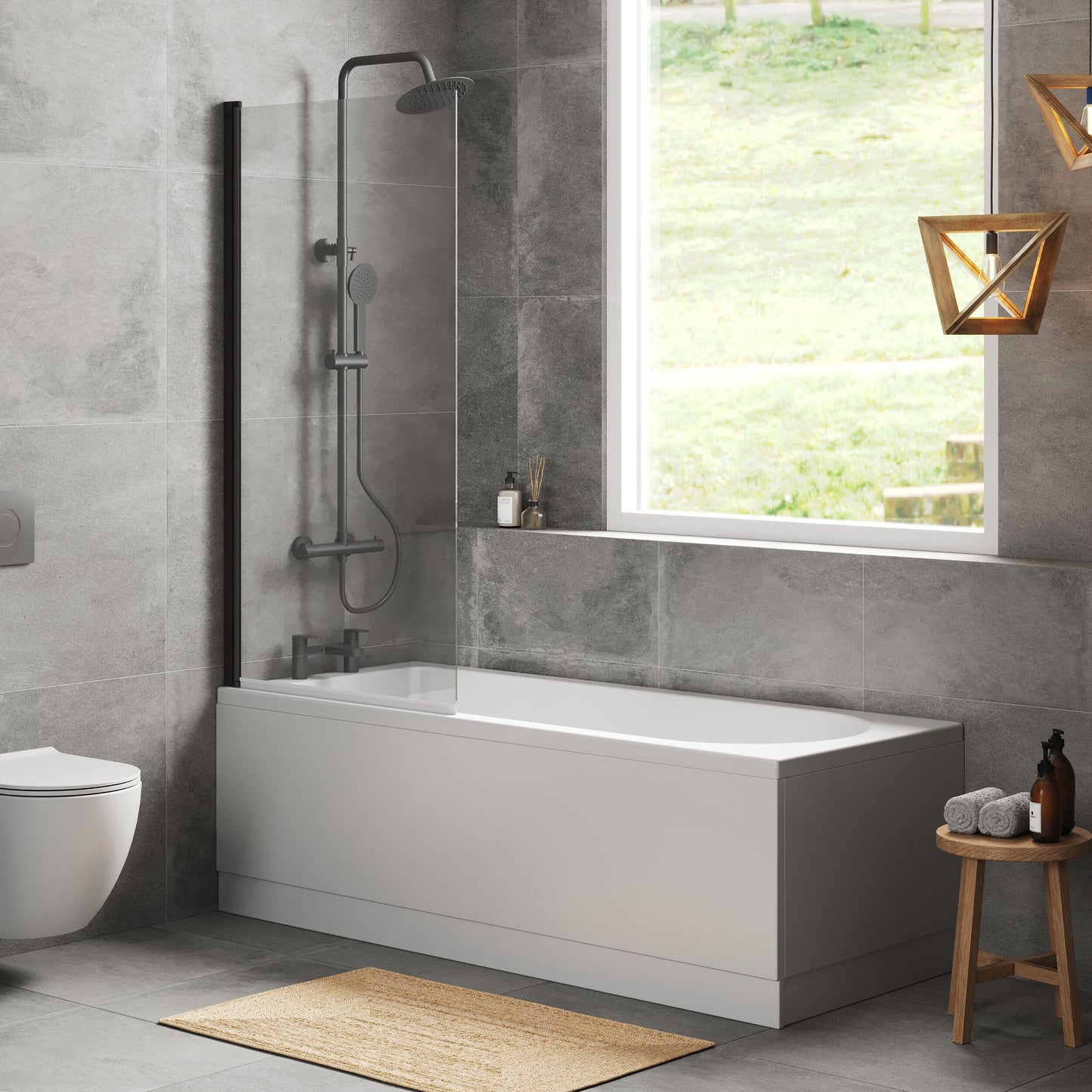[BBZSE041] Round Single Ended 1700x700 Shower Bath Set - Front Panel, Square Bath Screen - Black - Lifestyle 3