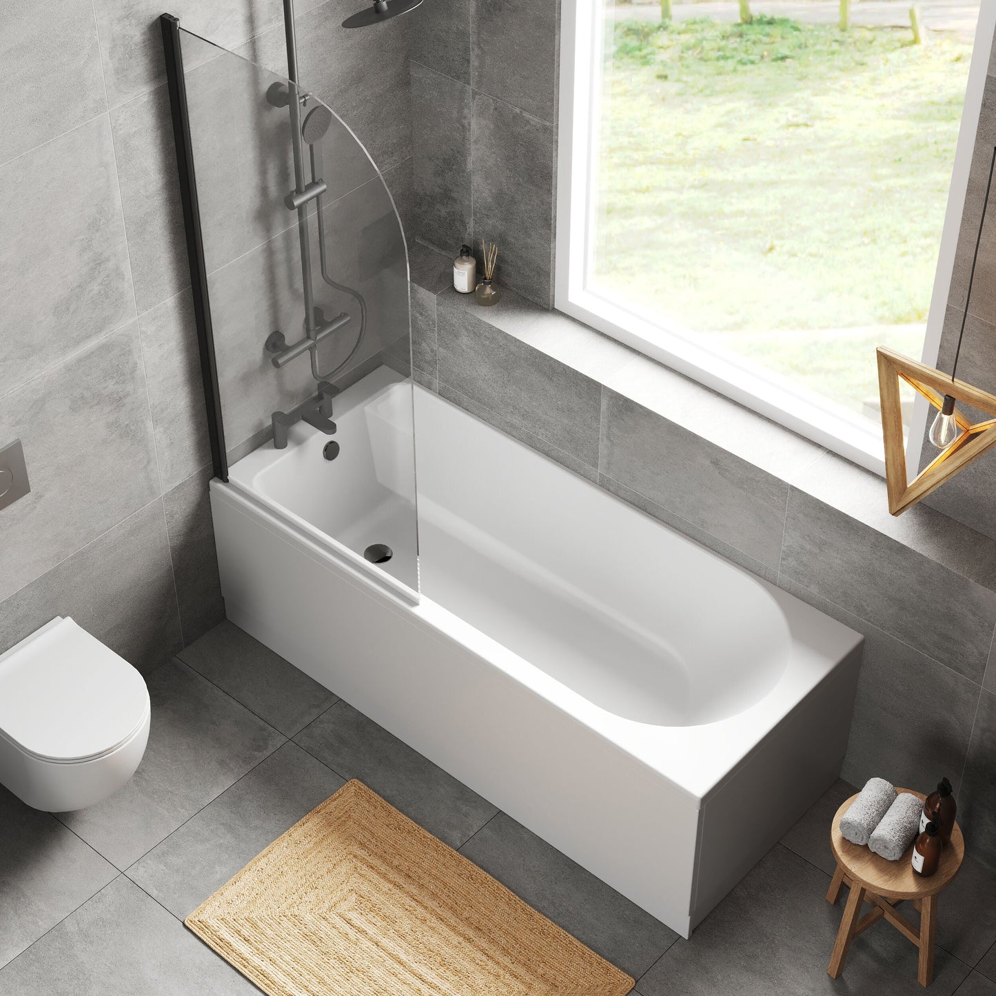 [BBZSE044] Round Single Ended 1700x750 Shower Bath Set - Front Panel, Round Bath Screen - Black - Lifestyle 2