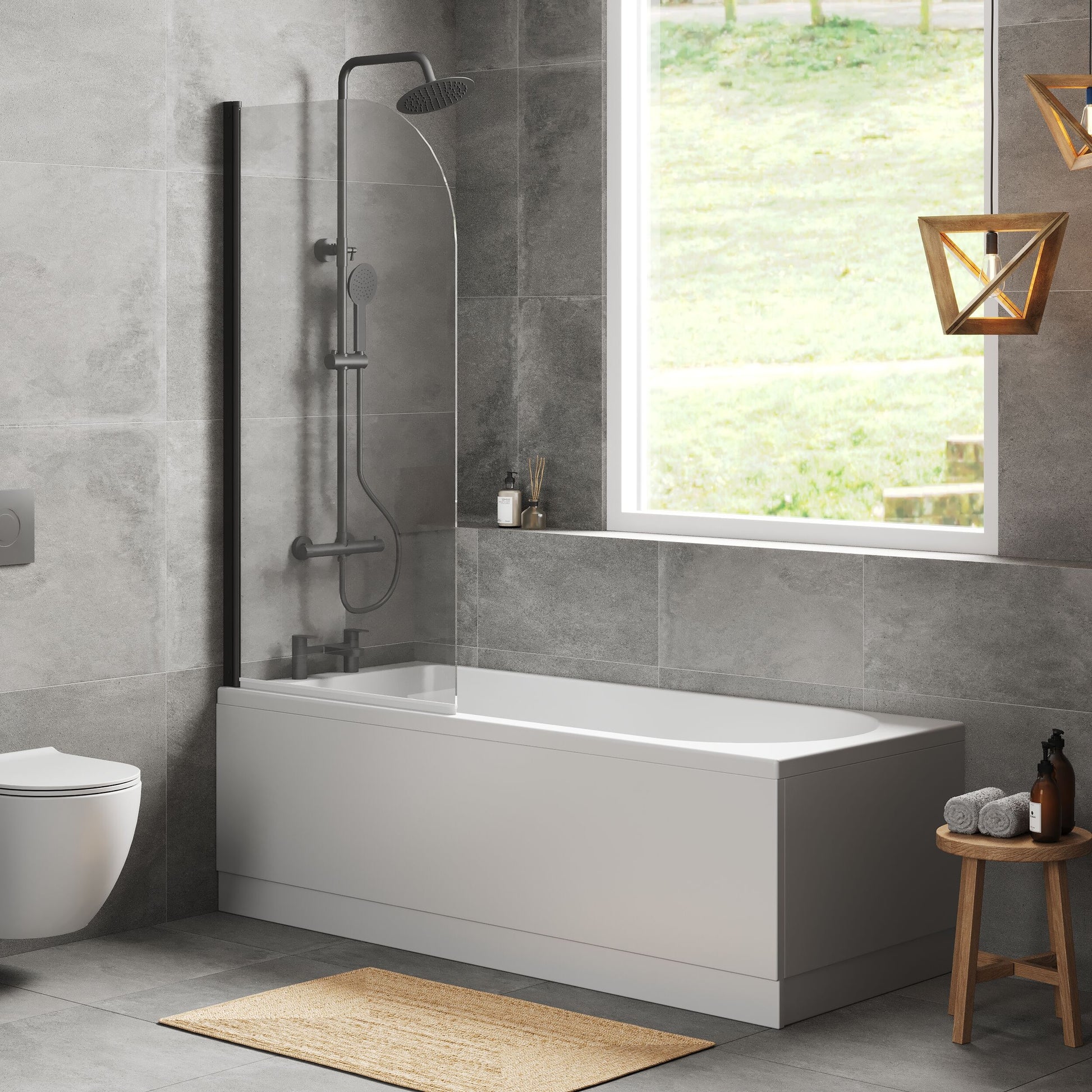 [BBZSE044] Round Single Ended 1700x750 Shower Bath Set - Front Panel, Round Bath Screen - Black - Lifestyle 3