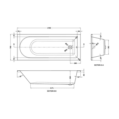 [BBZSE046] Round Single Ended 1700x700 Shower Bath Set - Front Panel, Round Bath Screen, Fixings & Leg Set - Technical Drawing