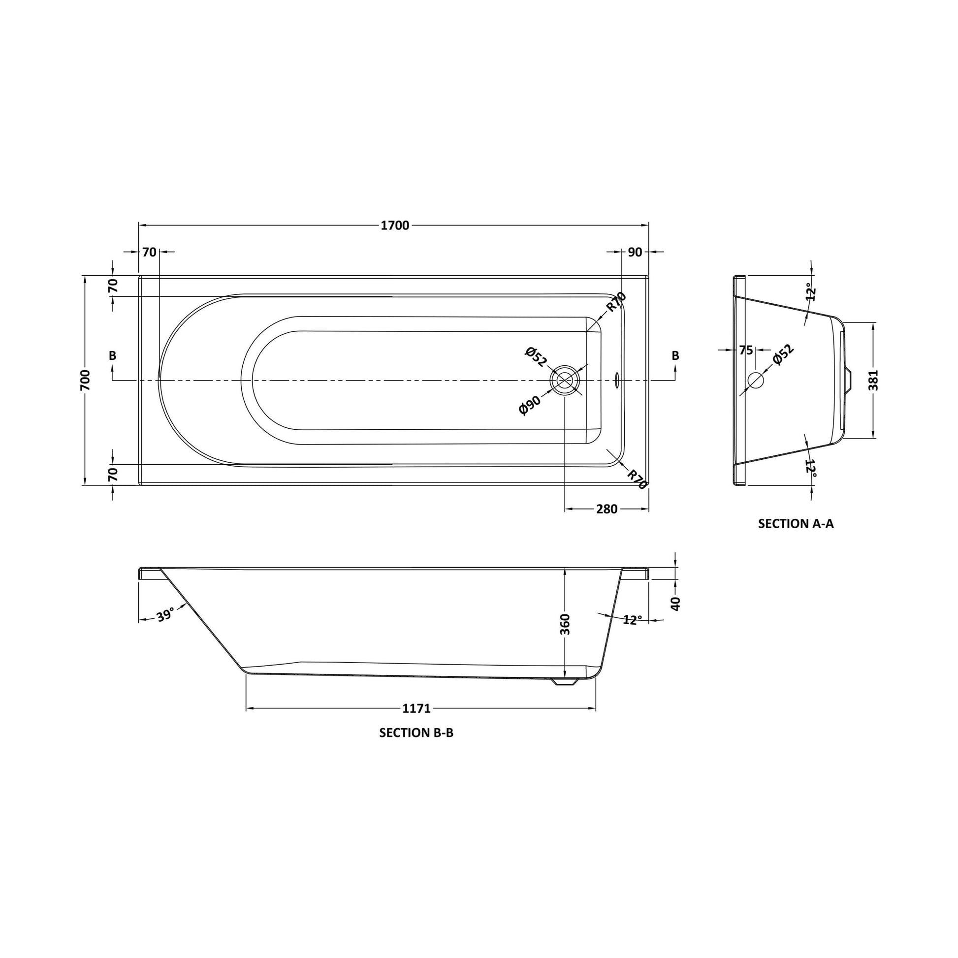 [BBZSE050] Round Single Ended 1700x700 Shower Bath Set - Front Panel, Brushed Brass Round Bath Screen & Leg Set - Technical Drawing