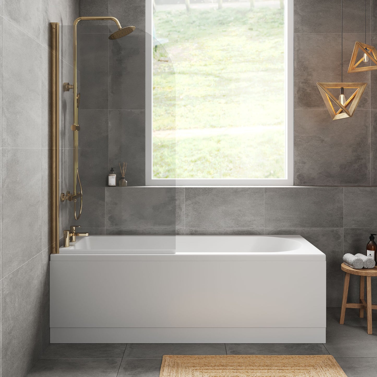 [BBZSE050] Round Single Ended 1700x700 Shower Bath Set - Front Panel, Brushed Brass Round Bath Screen & Leg Set - Lifestyle 1