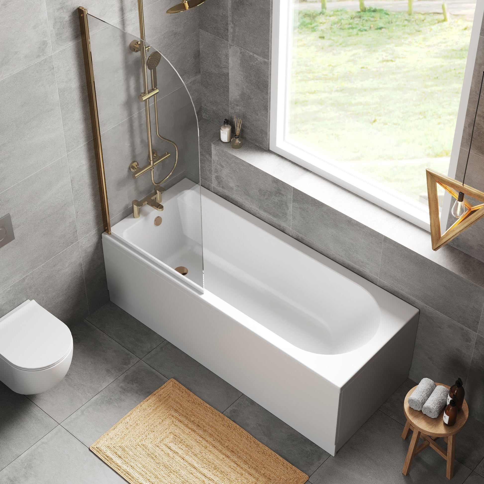 [BBZSE050] Round Single Ended 1700x700 Shower Bath Set - Front Panel, Brushed Brass Round Bath Screen & Leg Set - Lifestyle 2