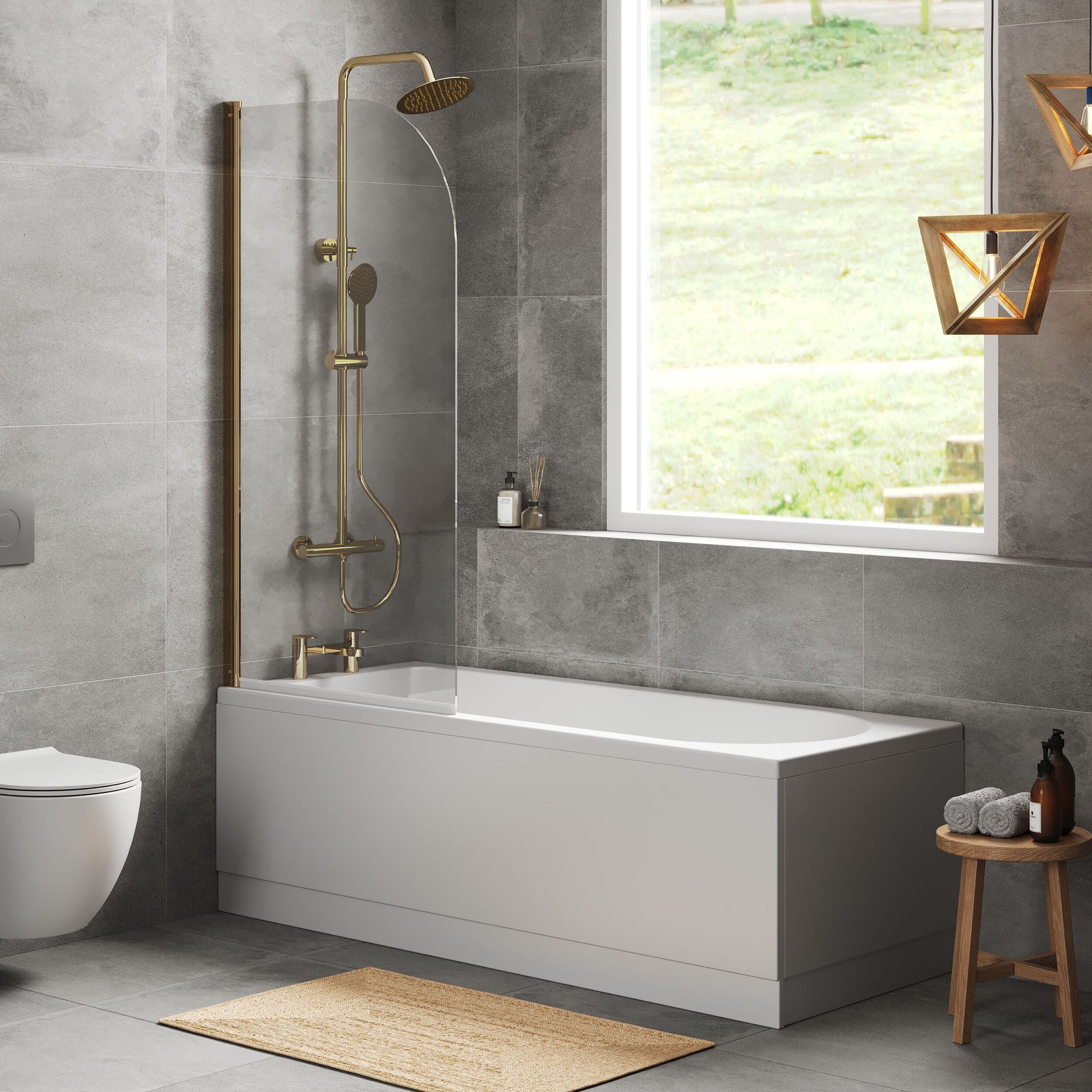 [BBZSE050] Round Single Ended 1700x700 Shower Bath Set - Front Panel, Brushed Brass Round Bath Screen & Leg Set - Lifestyle 3
