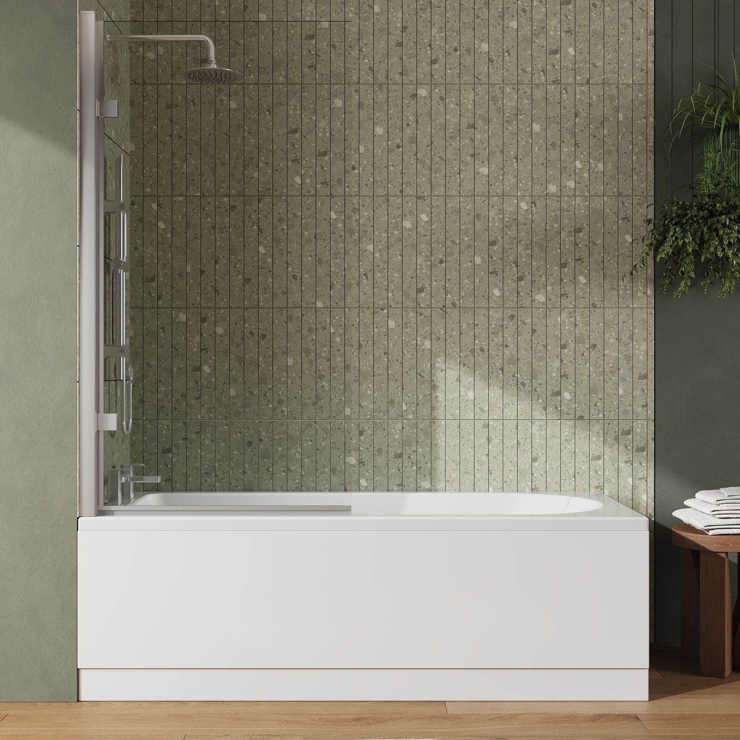 [BBZSE053] Round Single Ended 1700x700 Shower Bath Set - Front Panel, Square Hinged Bath Screen, Fixings & Leg Set - Lifestyle 1