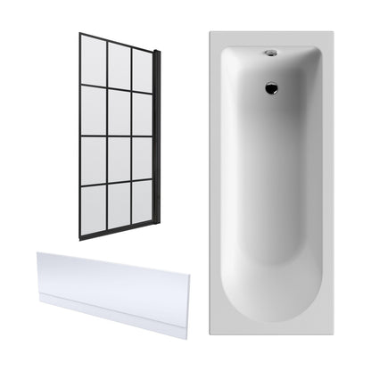 [BBZSE057] Round Single Ended 1700x700 Shower Bath Set - Front Panel & Black Hinged Screen - Cutout