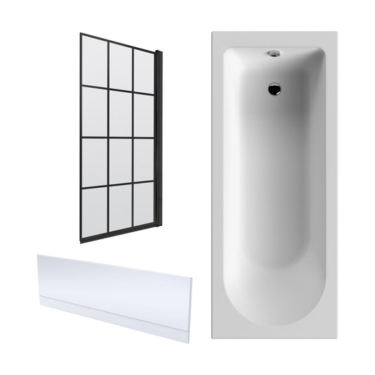 [BBZSE057] Round Single Ended 1700x700 Shower Bath Set - Front Panel & Black Hinged Screen - Cutout