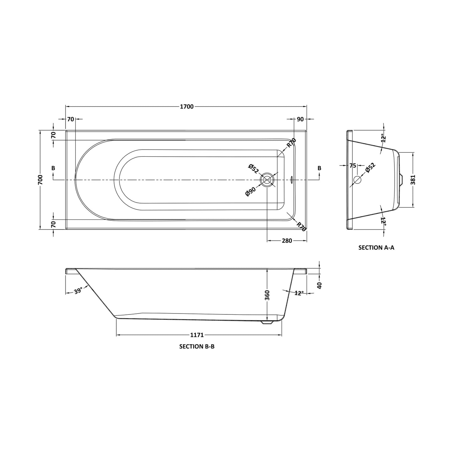 [BBZSE057] Round Single Ended 1700x700 Shower Bath Set - Front Panel & Black Hinged Screen - Technical Drawing