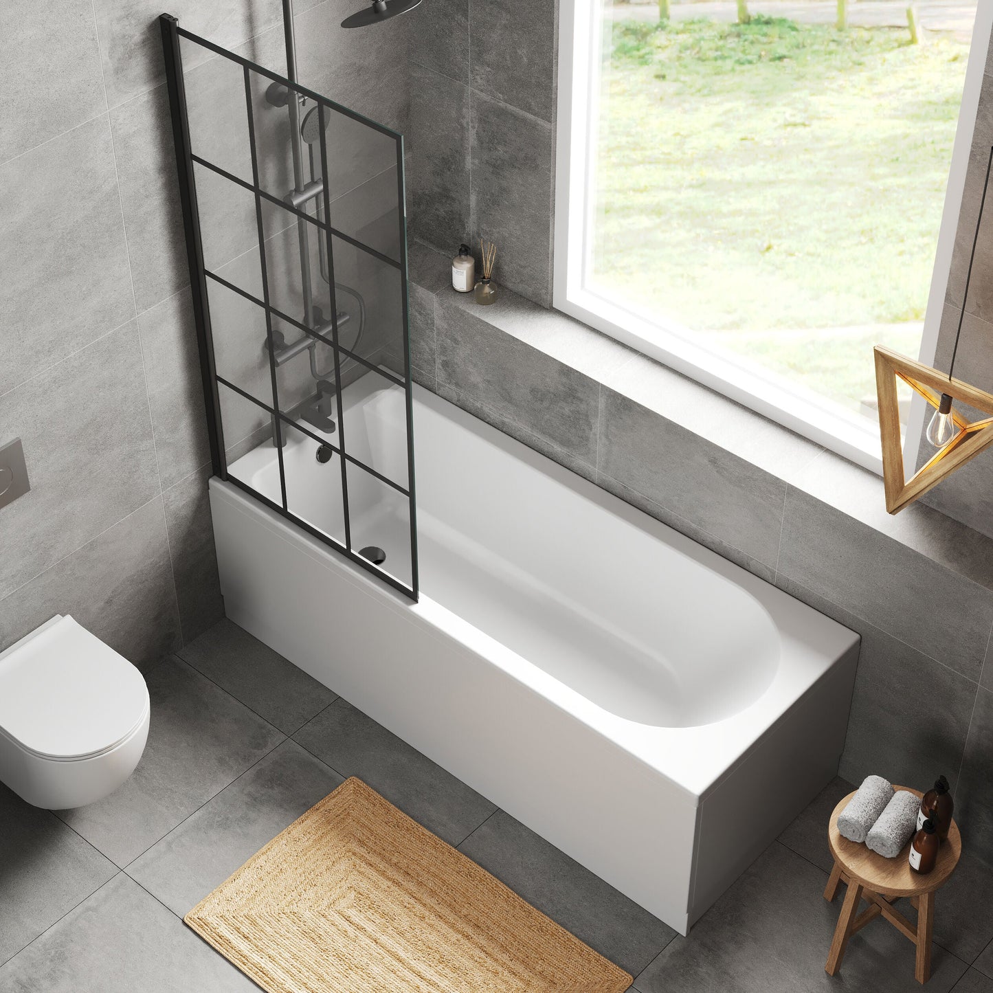 [BBZSE057] Round Single Ended 1700x700 Shower Bath Set - Front Panel & Black Hinged Screen - Lifestyle 2