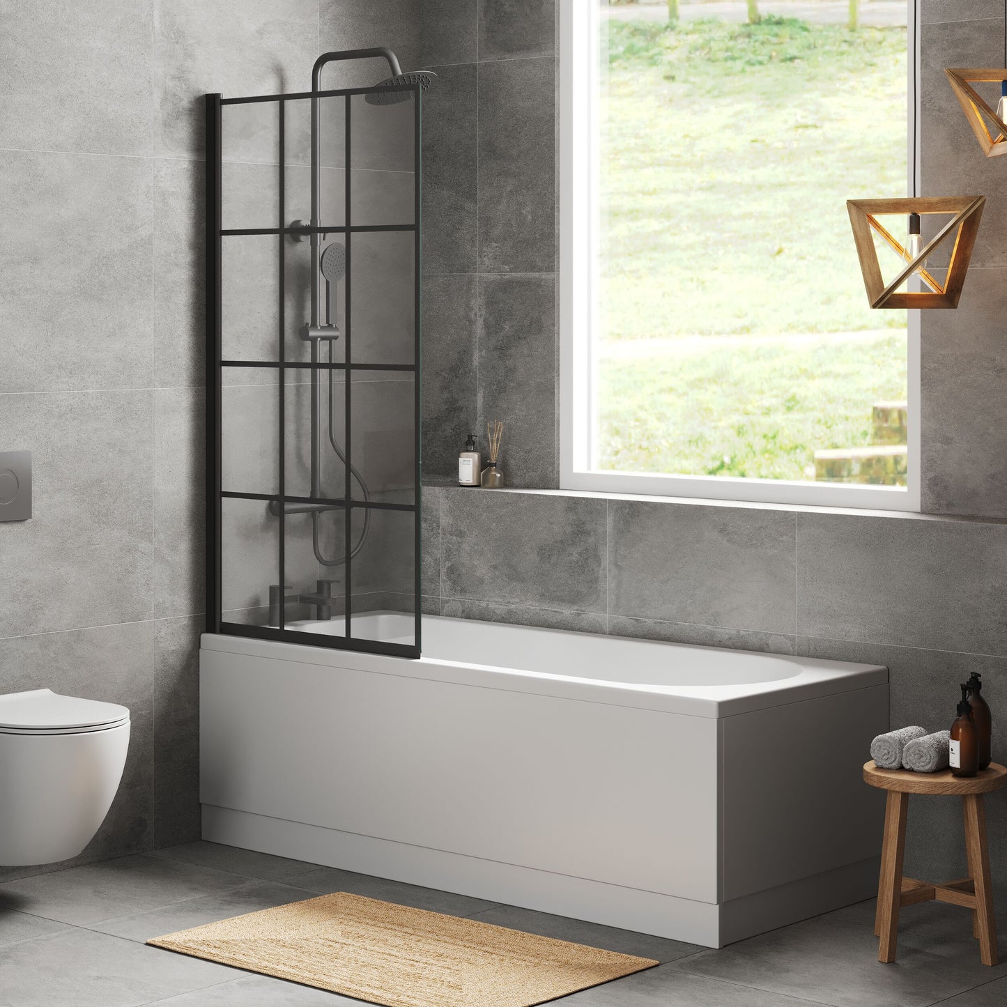 [BBZSE057] Round Single Ended 1700x700 Shower Bath Set - Front Panel & Black Hinged Screen - Lifestyle 3