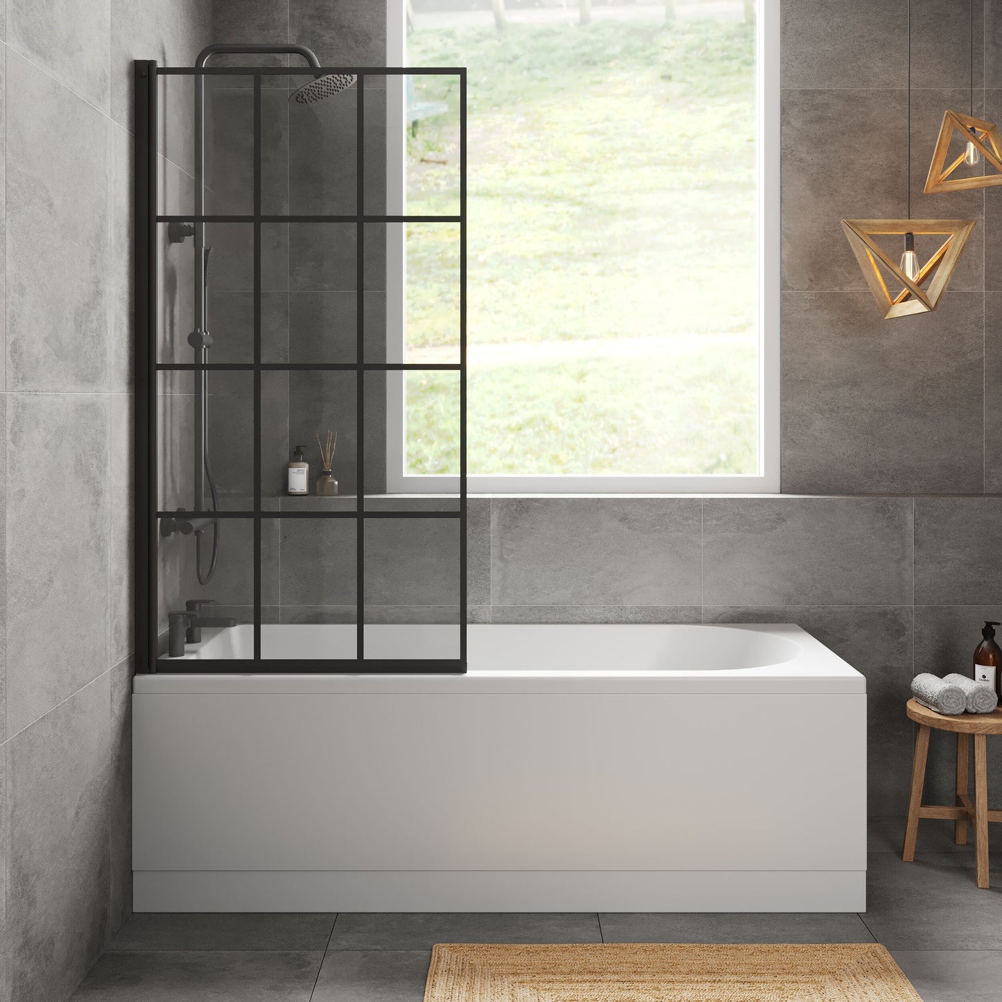 [BBZSE058] Round Single Ended 1700x750 Shower Bath Set - Front Panel, Matt Black Square Framed Screen & Leg Set - Lifestyle 1