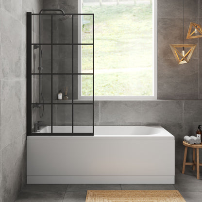 [BBZSE058] Round Single Ended 1700x750 Shower Bath Set - Front Panel, Matt Black Square Framed Screen & Leg Set - Lifestyle 1