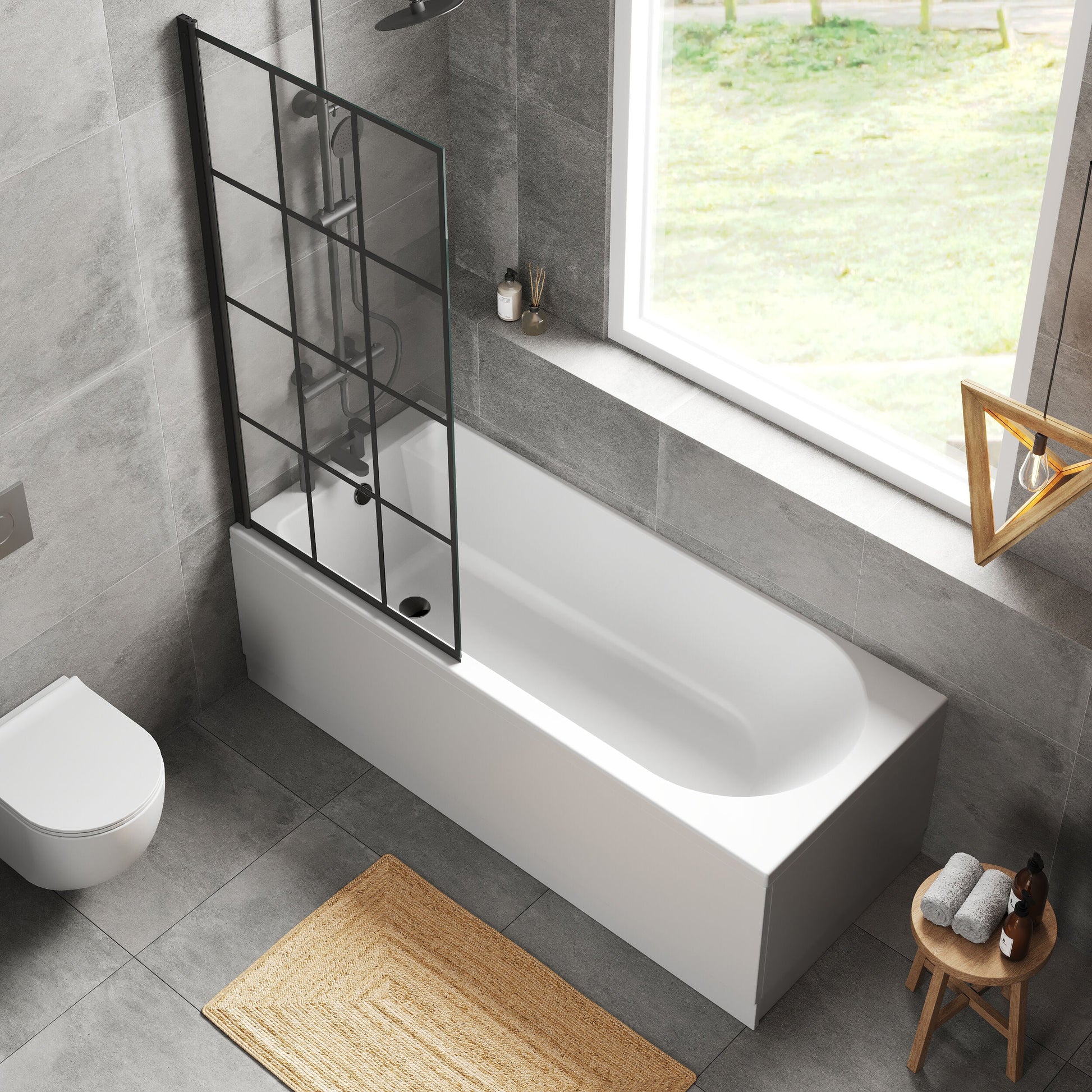 [BBZSE058] Round Single Ended 1700x750 Shower Bath Set - Front Panel, Matt Black Square Framed Screen & Leg Set - Lifestyle 2