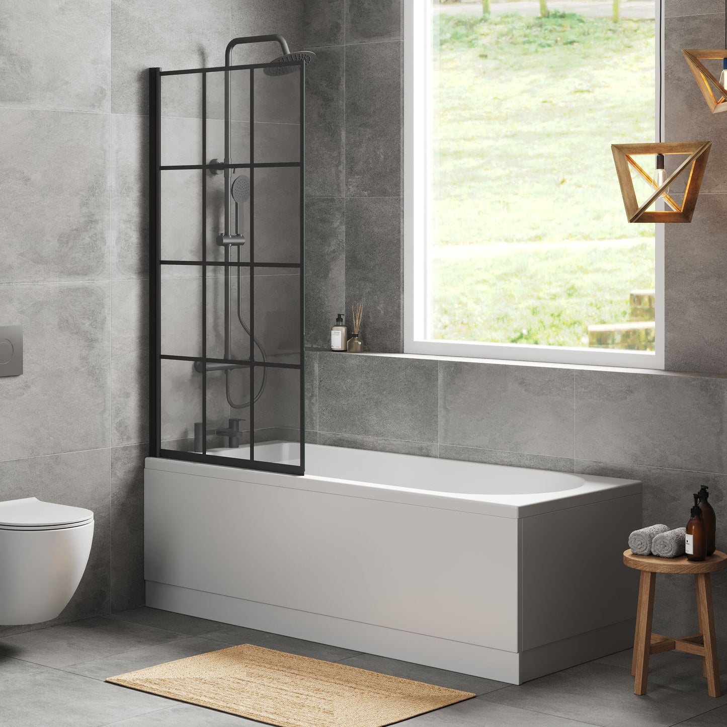 [BBZSE058] Round Single Ended 1700x750 Shower Bath Set - Front Panel, Matt Black Square Framed Screen & Leg Set - Lifestyle 3