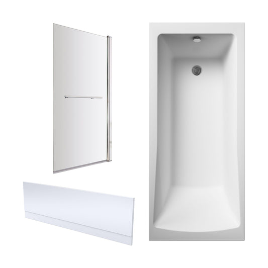 [BBZSE060] Square Single Ended 1700x700 Shower Bath Set - Front Panel, Chrome Square Bath Screen with Towel Rail & Leg Set - Cutout