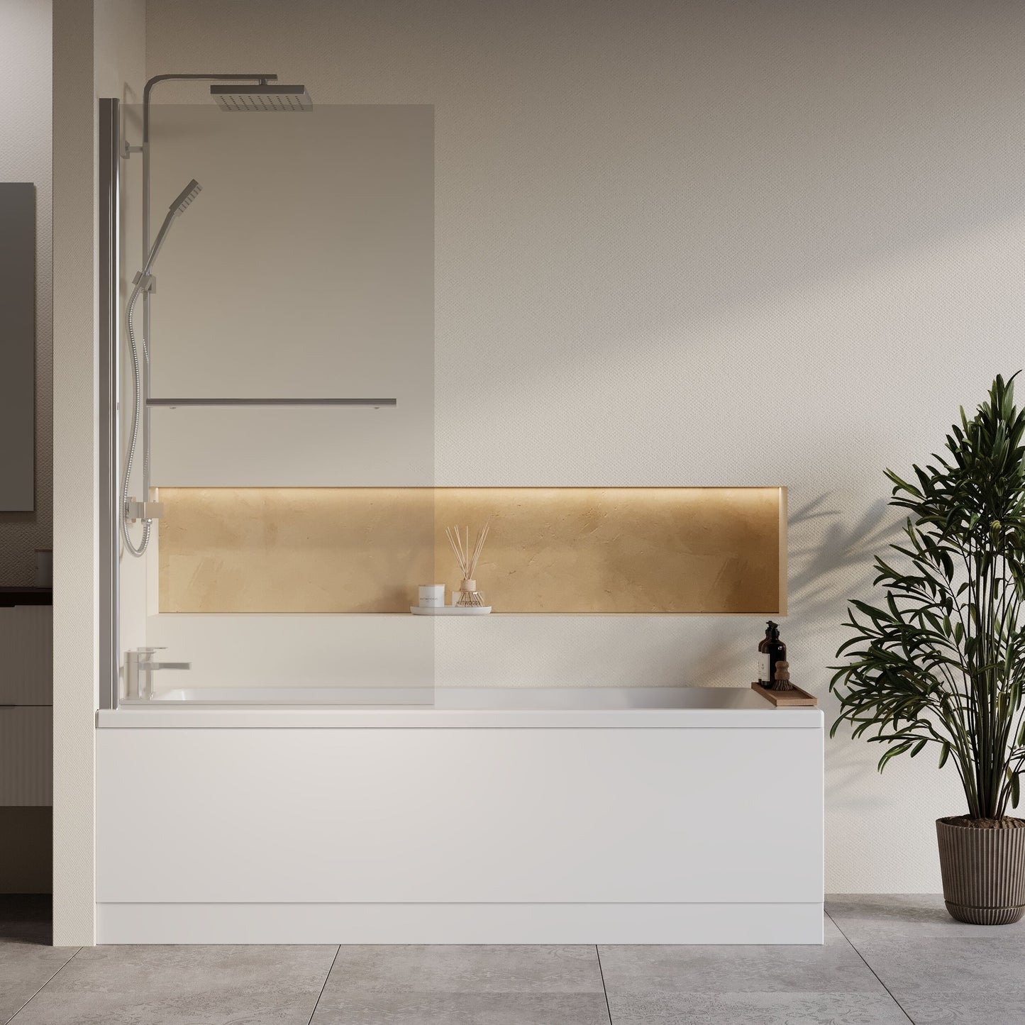 [BBZSE060] Square Single Ended 1700x700 Shower Bath Set - Front Panel, Chrome Square Bath Screen with Towel Rail & Leg Set - Lifestyle 1
