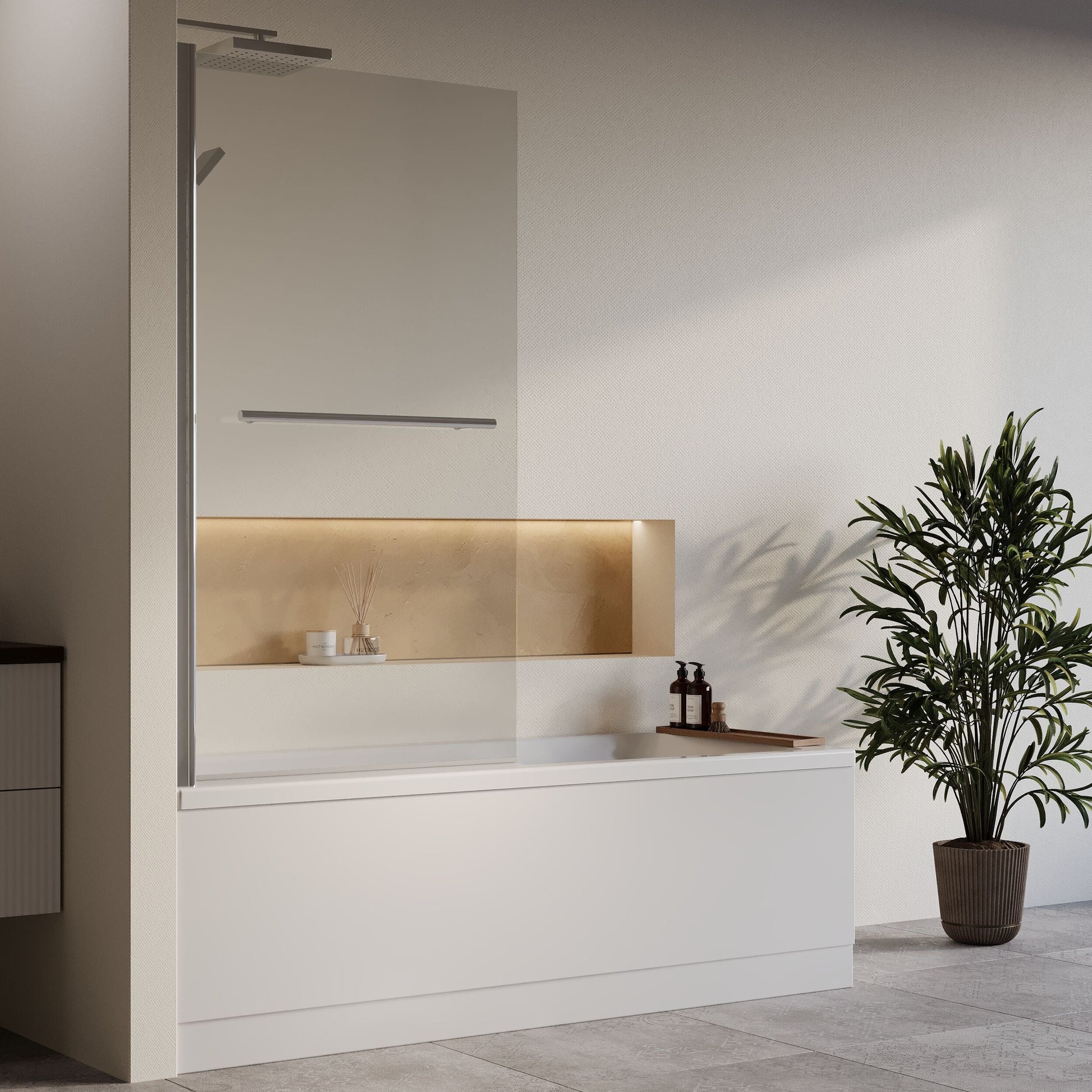 [BBZSE060] Square Single Ended 1700x700 Shower Bath Set - Front Panel, Chrome Square Bath Screen with Towel Rail & Leg Set - Lifestyle 3