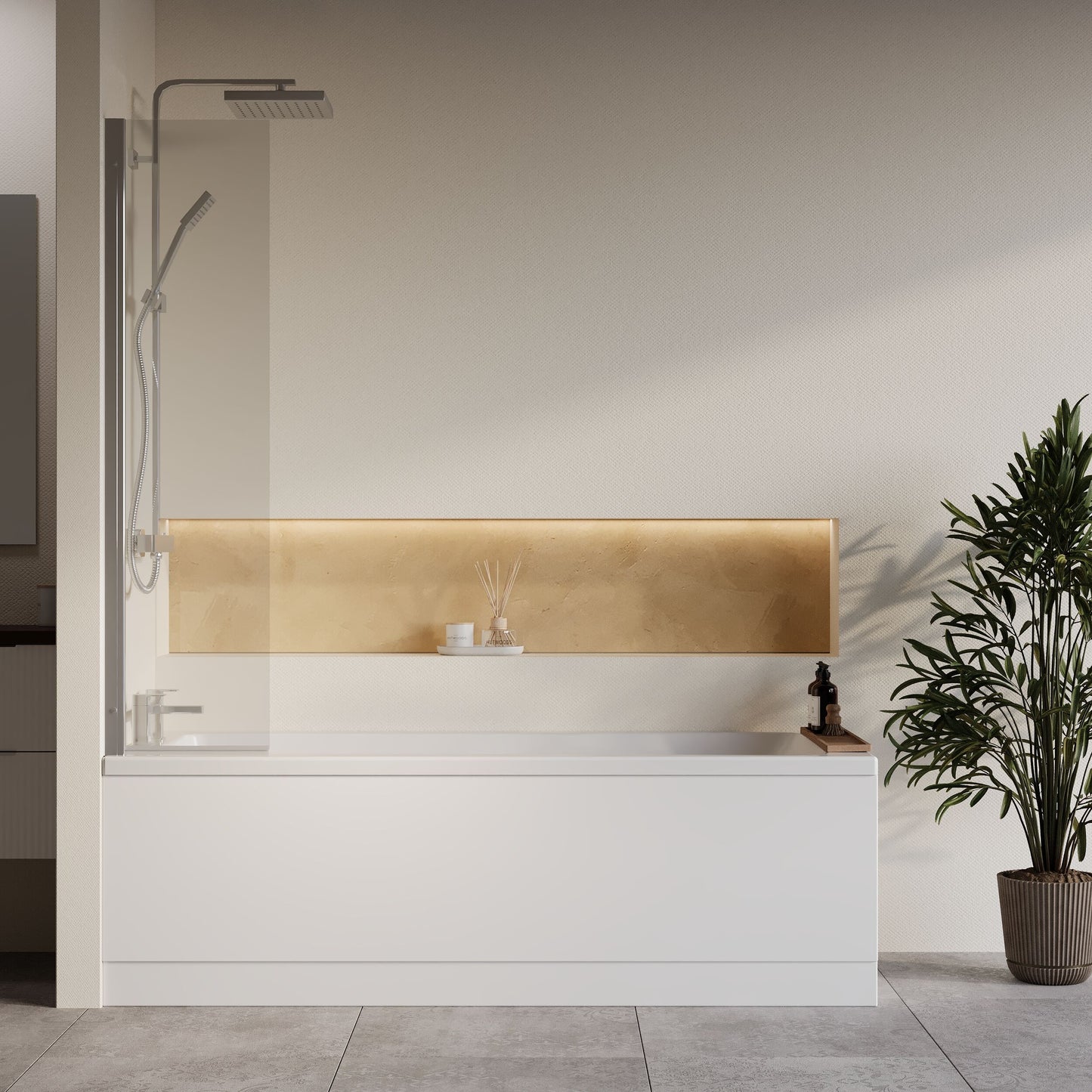[BBZSE063] Square Single Ended 1700x700 Shower Bath Set - Front Panel, Fixed Screen & Leg Set - Lifestyle 1