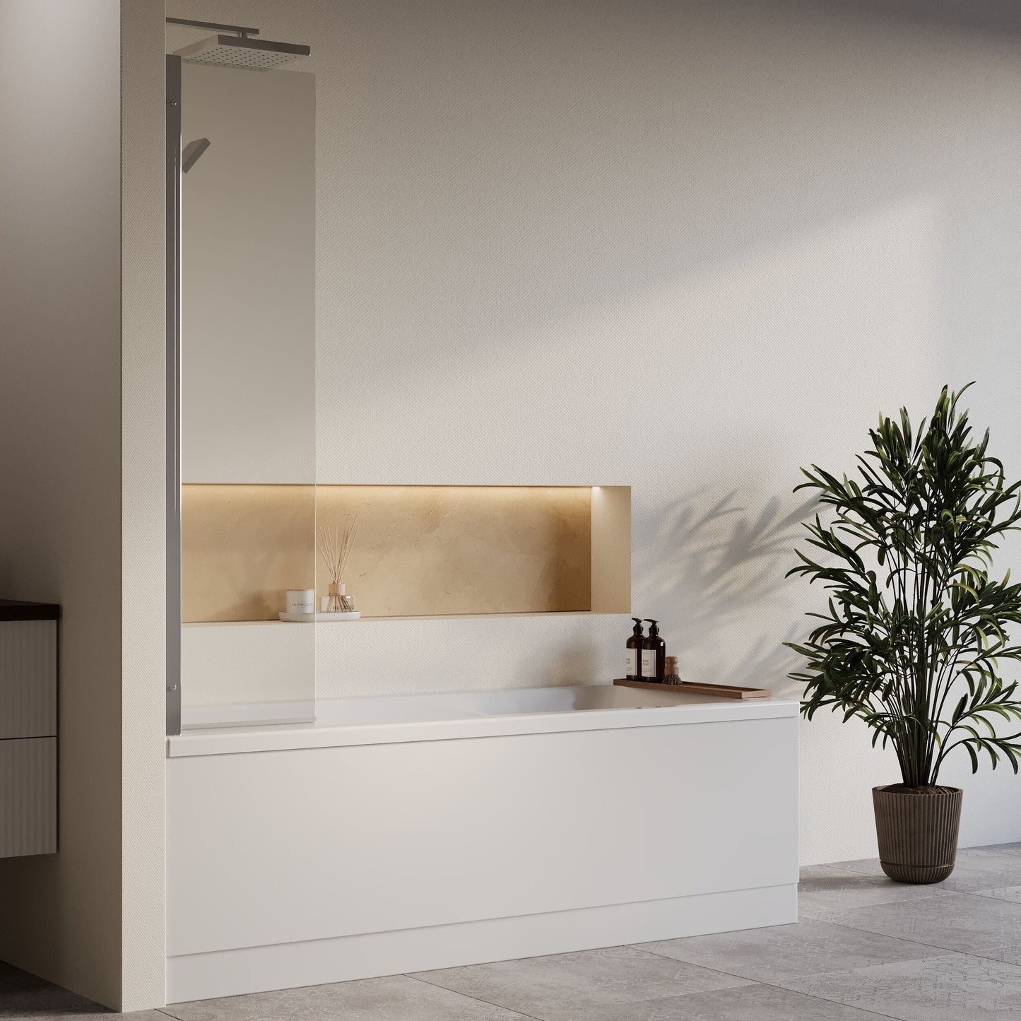 [BBZSE063] Square Single Ended 1700x700 Shower Bath Set - Front Panel, Fixed Screen & Leg Set - Lifestyle 3