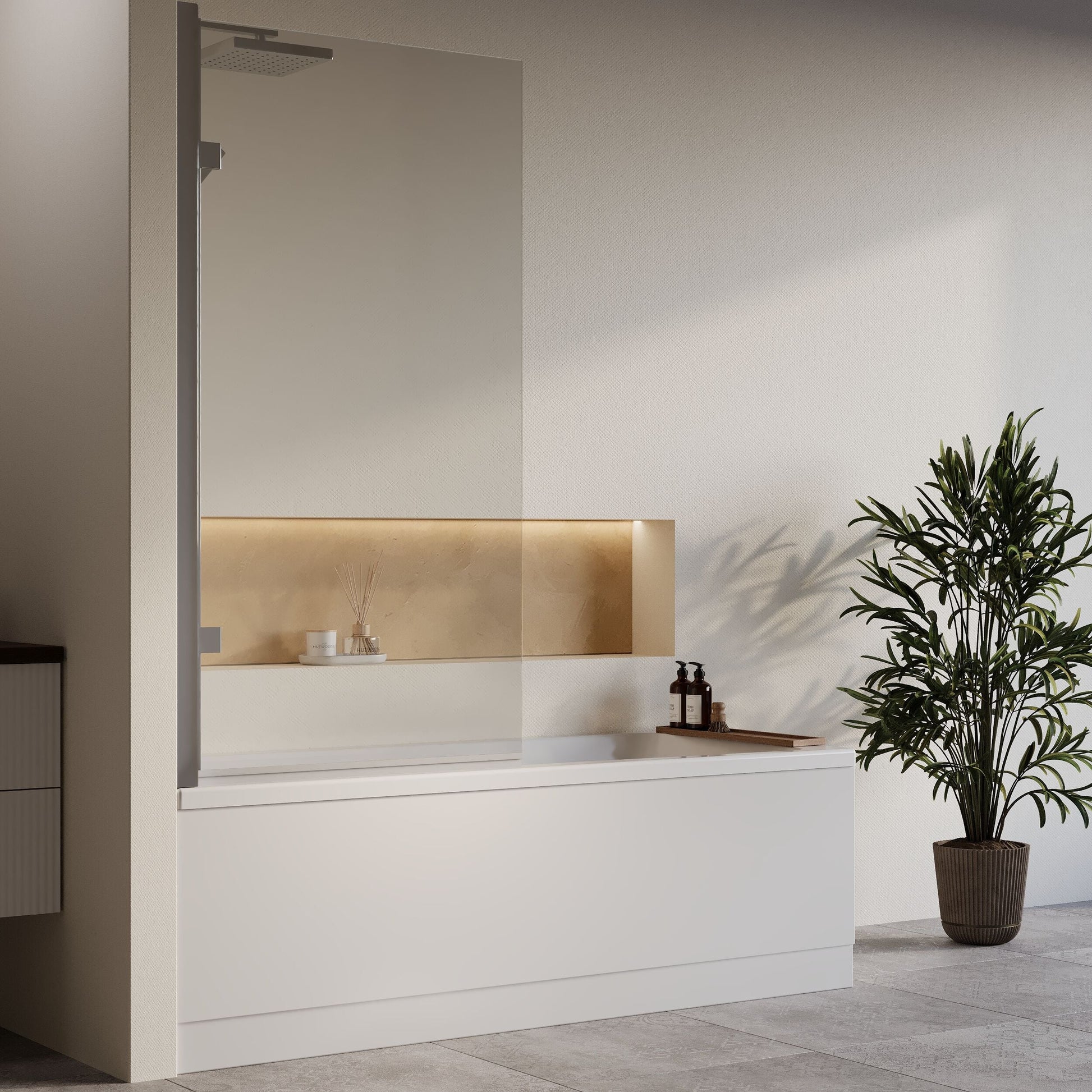 [BBZSE064] Square Single Ended 1700x700 Shower Bath Set - Front Panel, Chrome Square Hinged Screen & Leg Set - Lifestyle 3