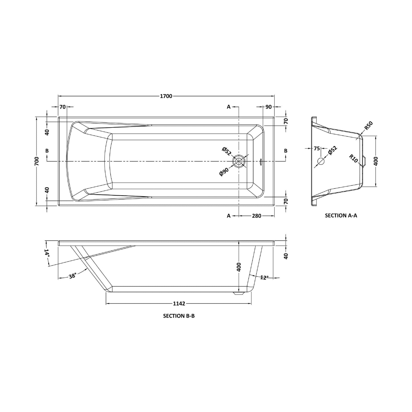 [BBZSE066] Square Single Ended 1700x700 Bath with Front Panel, Chrome Straight Bath Screen with Towel Rail & Leg Set - Technical Drawing