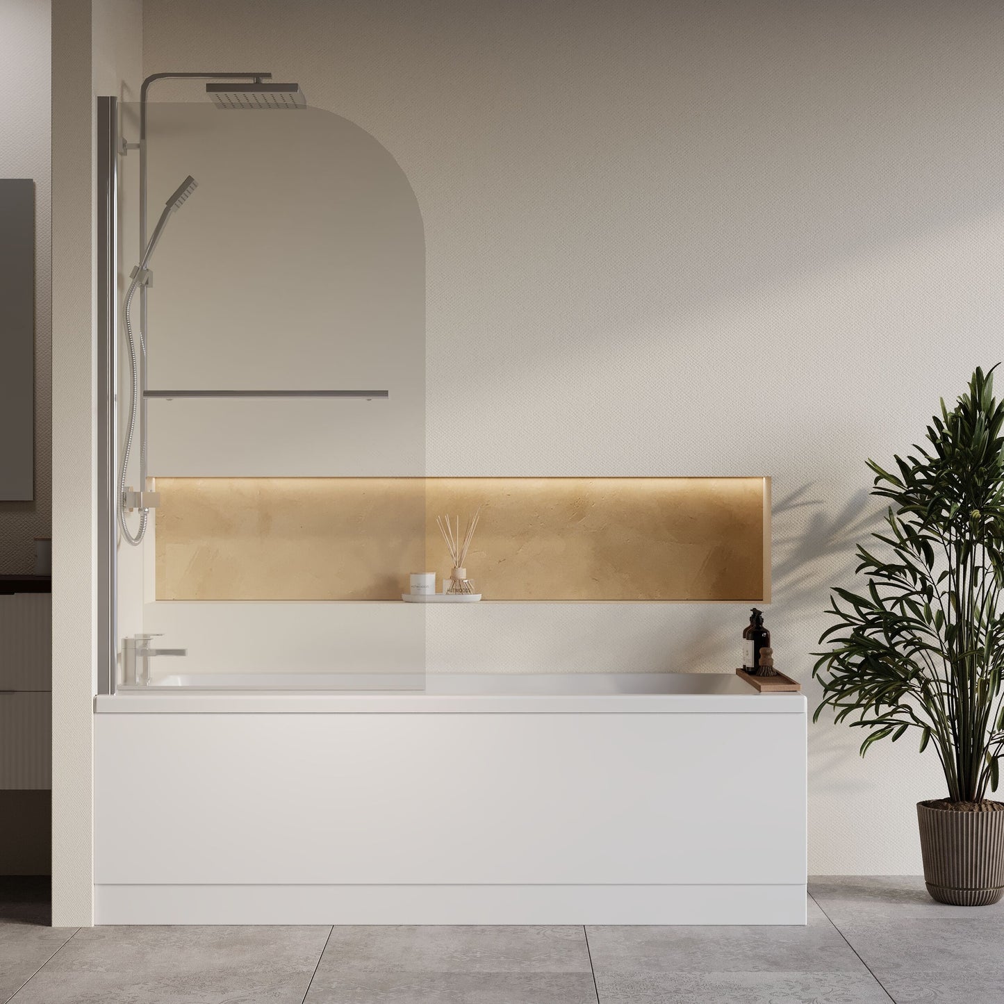 [BBZSE066] Square Single Ended 1700x700 Bath with Front Panel, Chrome Straight Bath Screen with Towel Rail & Leg Set - Lifestyle 1