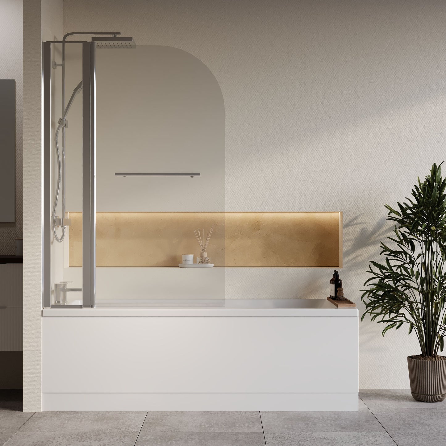 [BBZSE068] Square Single Ended 1700x700 Bath with Front Panel, Chrome Straight Bath Screen with Fixed Panel and Towel Rail & Leg Set - Lifestyle 1