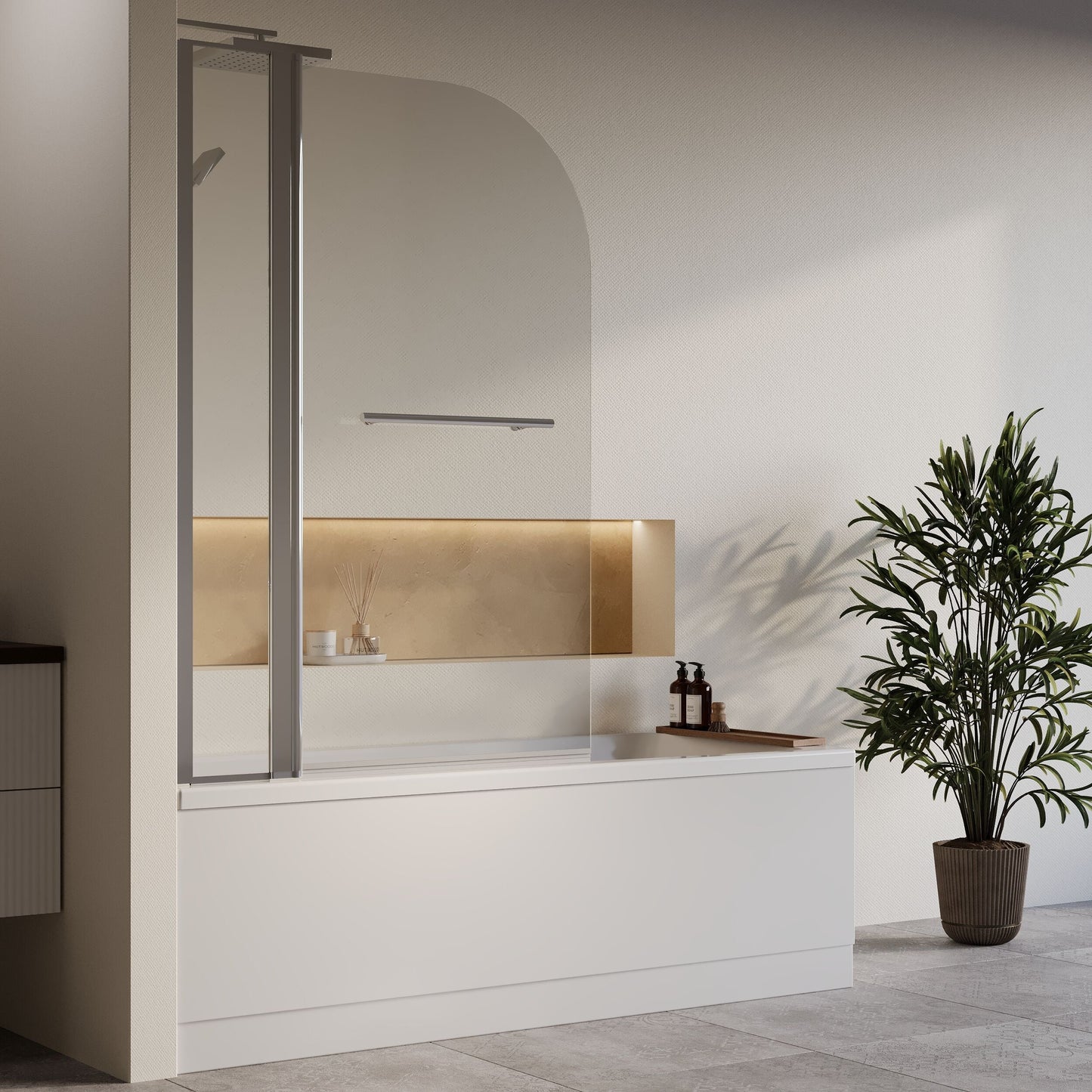 [BBZSE068] Square Single Ended 1700x700 Bath with Front Panel, Chrome Straight Bath Screen with Fixed Panel and Towel Rail & Leg Set - Lifestyle 3