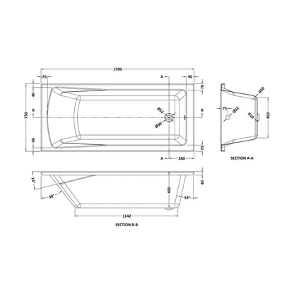 [BBZSE074] Square Single Ended 1700x750 Bath with Front Panel & Chrome Hinged Screen - Technical Drawing