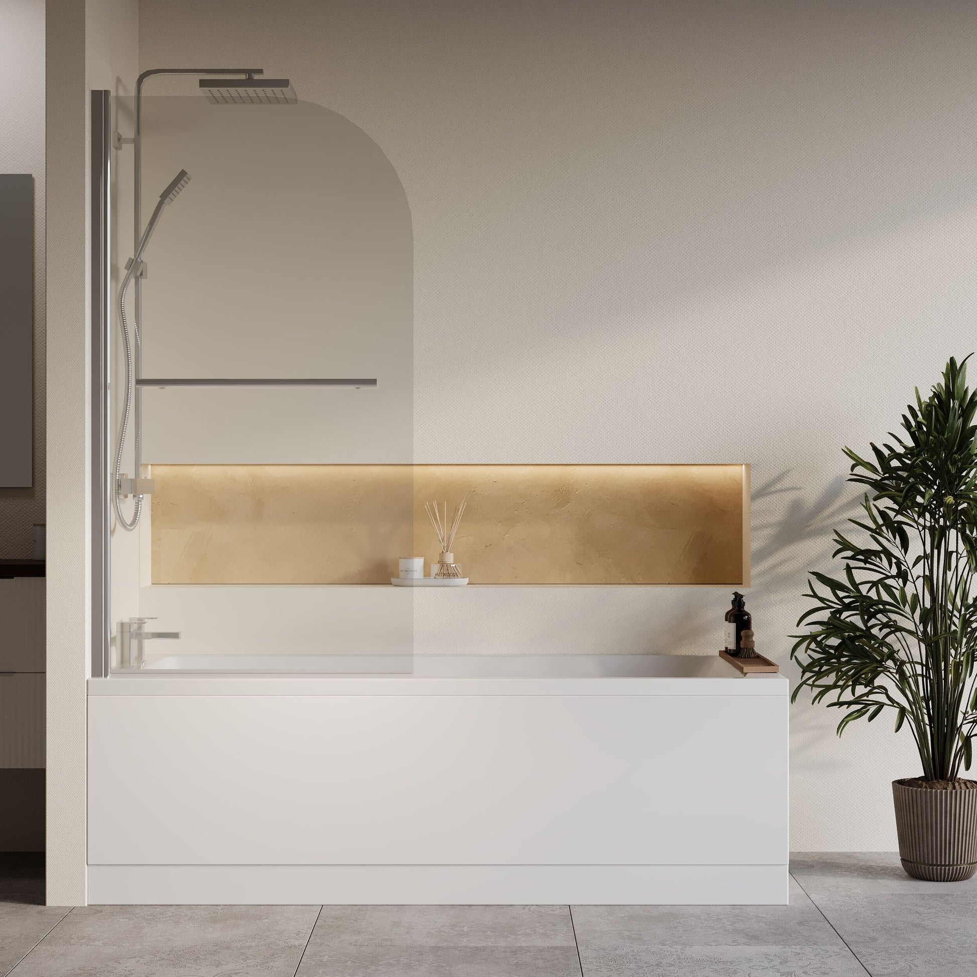 [BBZSE076] Square Single Ended1700x750 Bath with Front Panel & Chrome Round Corner Screen with Towel Rail - Lifestyle 1