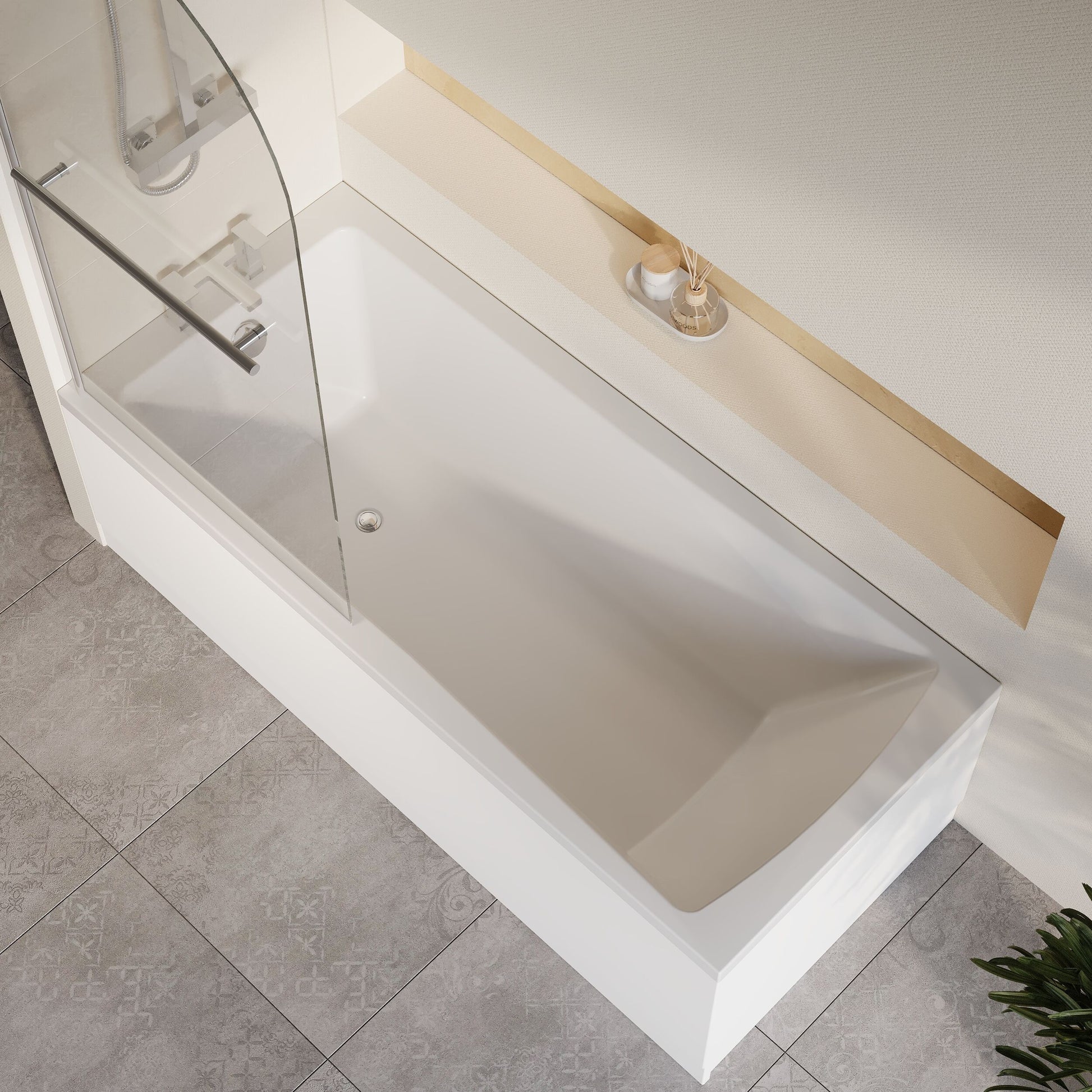 [BBZSE076] Square Single Ended1700x750 Bath with Front Panel & Chrome Round Corner Screen with Towel Rail - Lifestyle 2