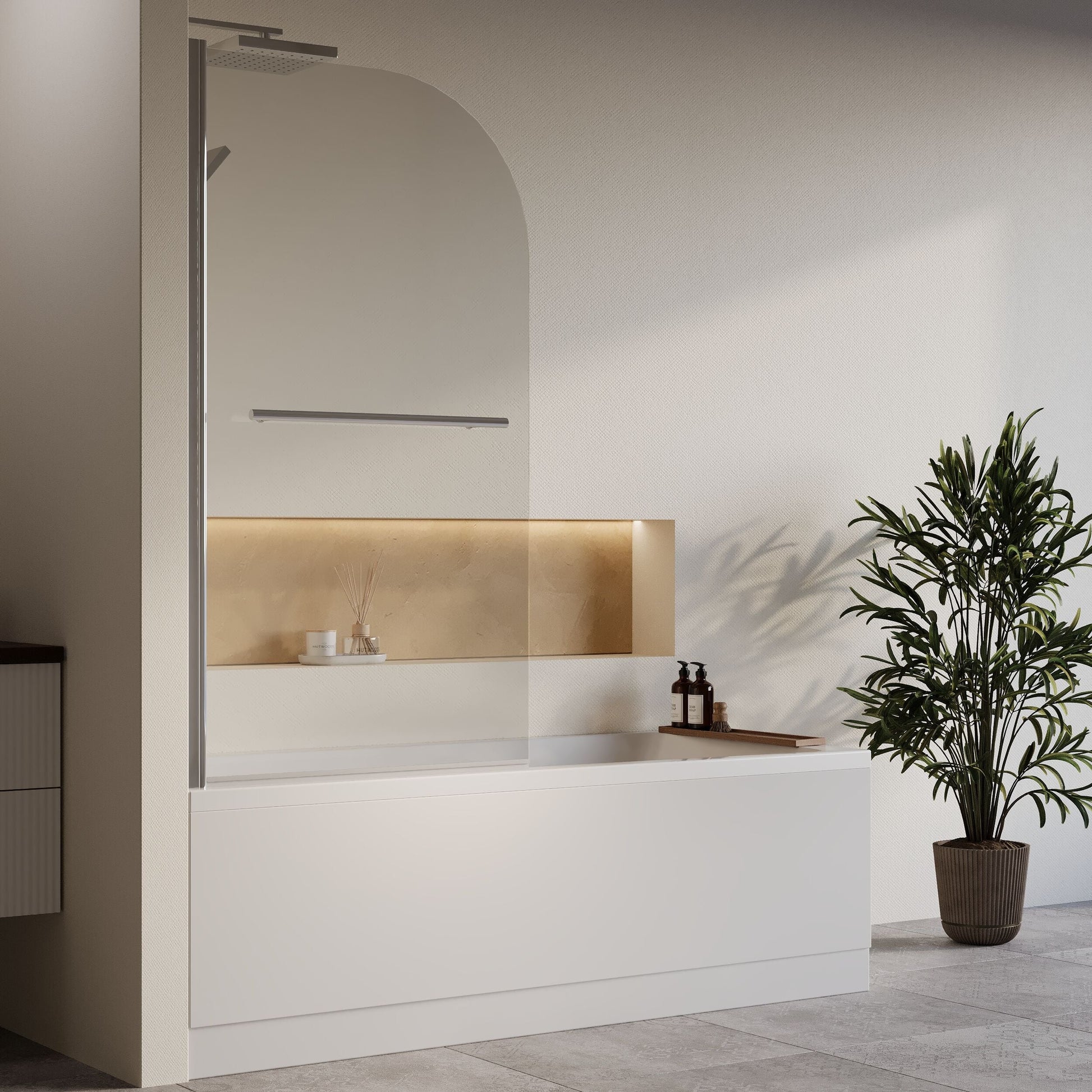[BBZSE076] Square Single Ended1700x750 Bath with Front Panel & Chrome Round Corner Screen with Towel Rail - Lifestyle 3