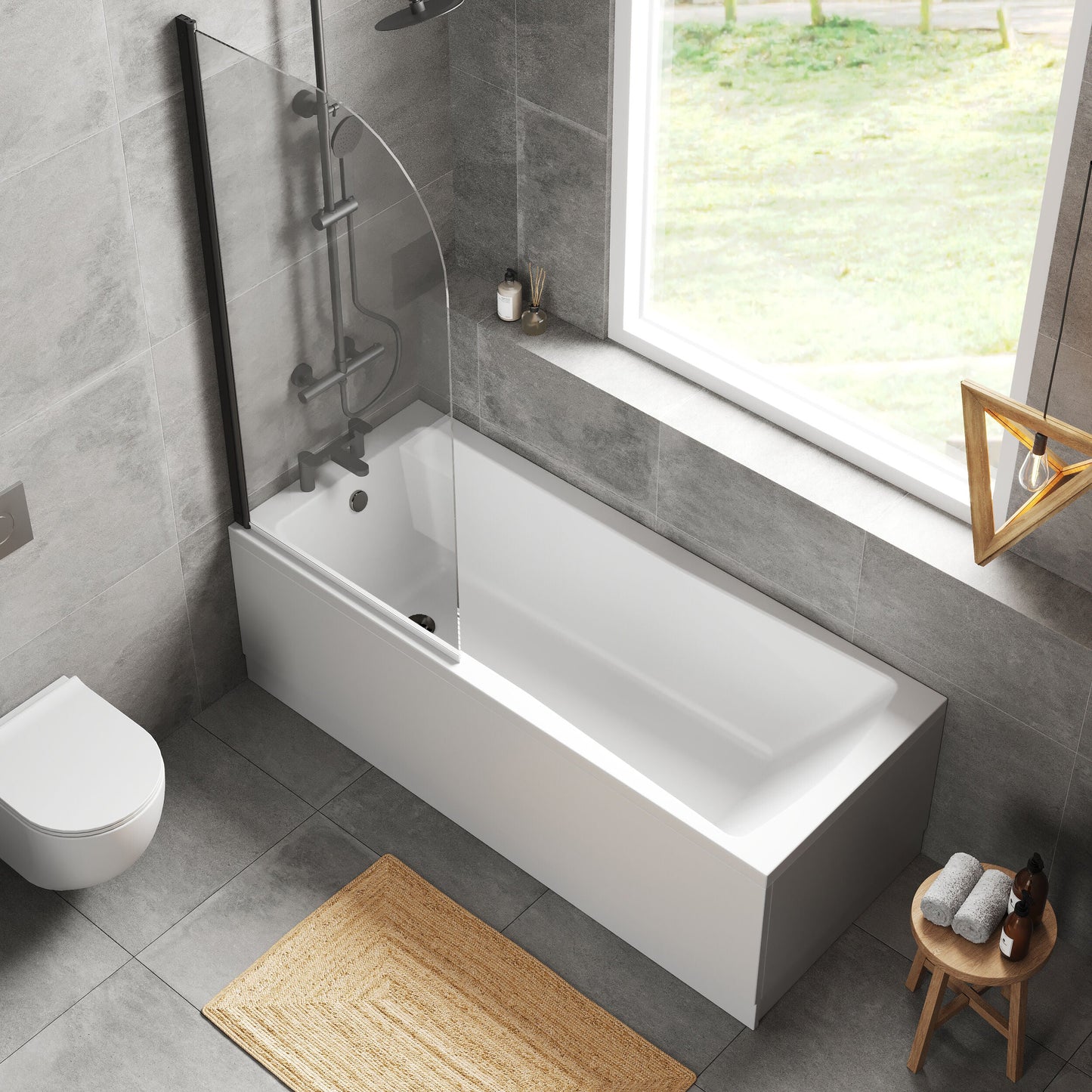 [BBZSE100] Square Single Ended 1700x700 Bath with Front Panel & Black Round Corner Screen - Lifestyle 2