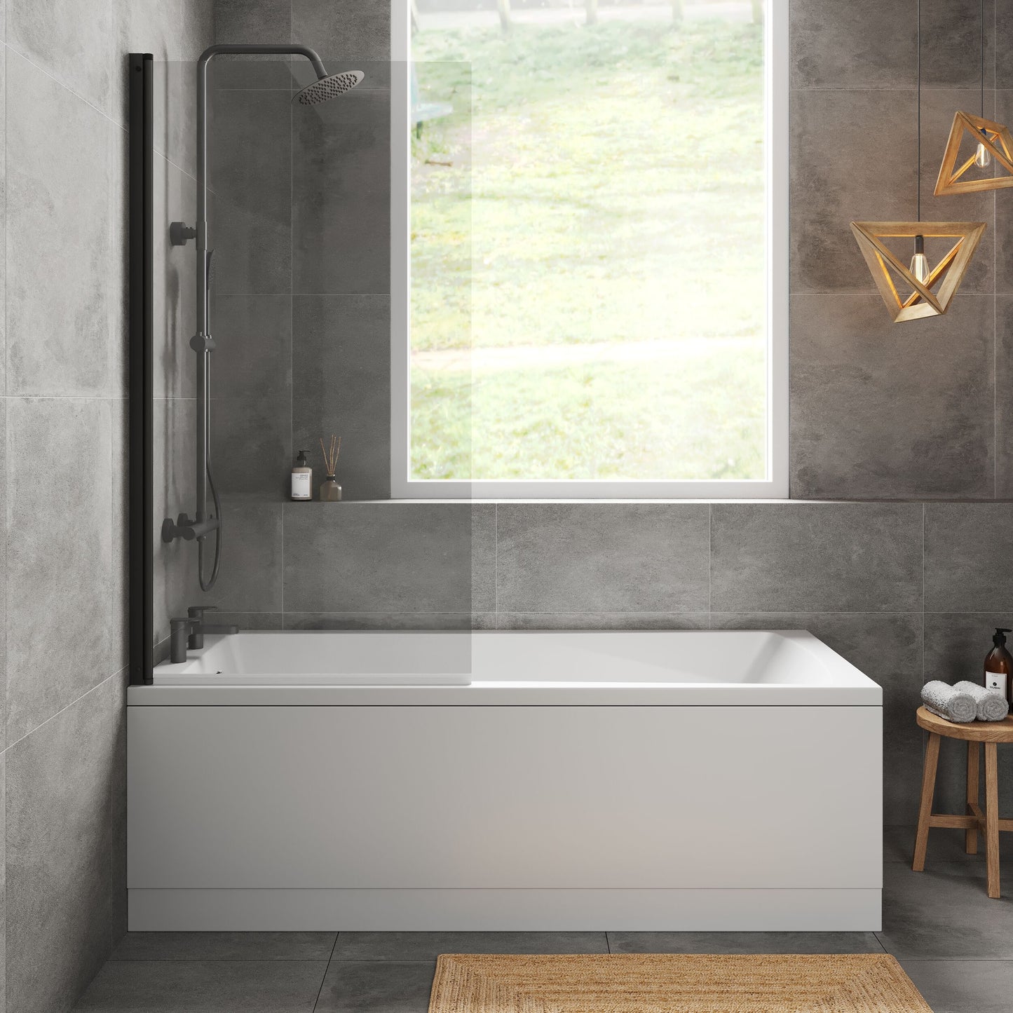 [BBZSE101] Square Single Ended 1700x750 Bath with Front Panel & Black Screen - Lifestyle 1