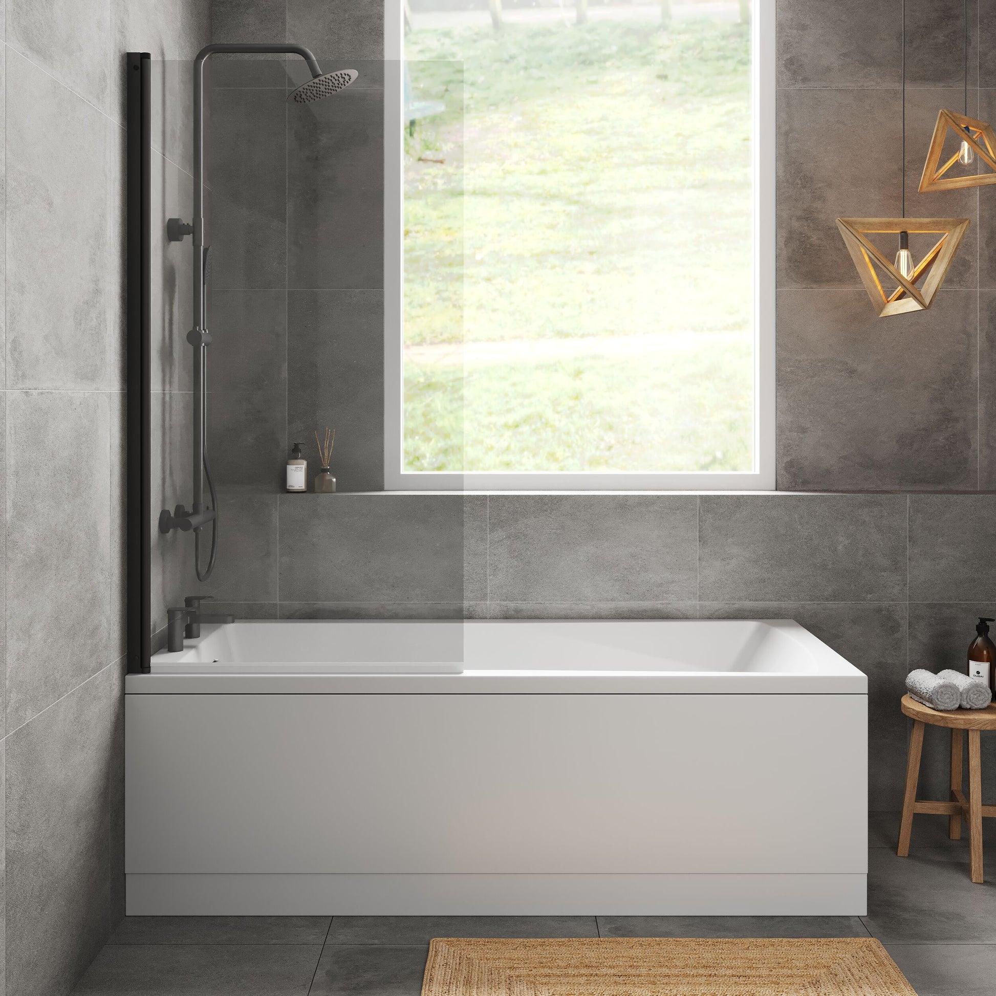 [BBZSE101] Square Single Ended 1700x750 Bath with Front Panel & Black Screen - Lifestyle 1