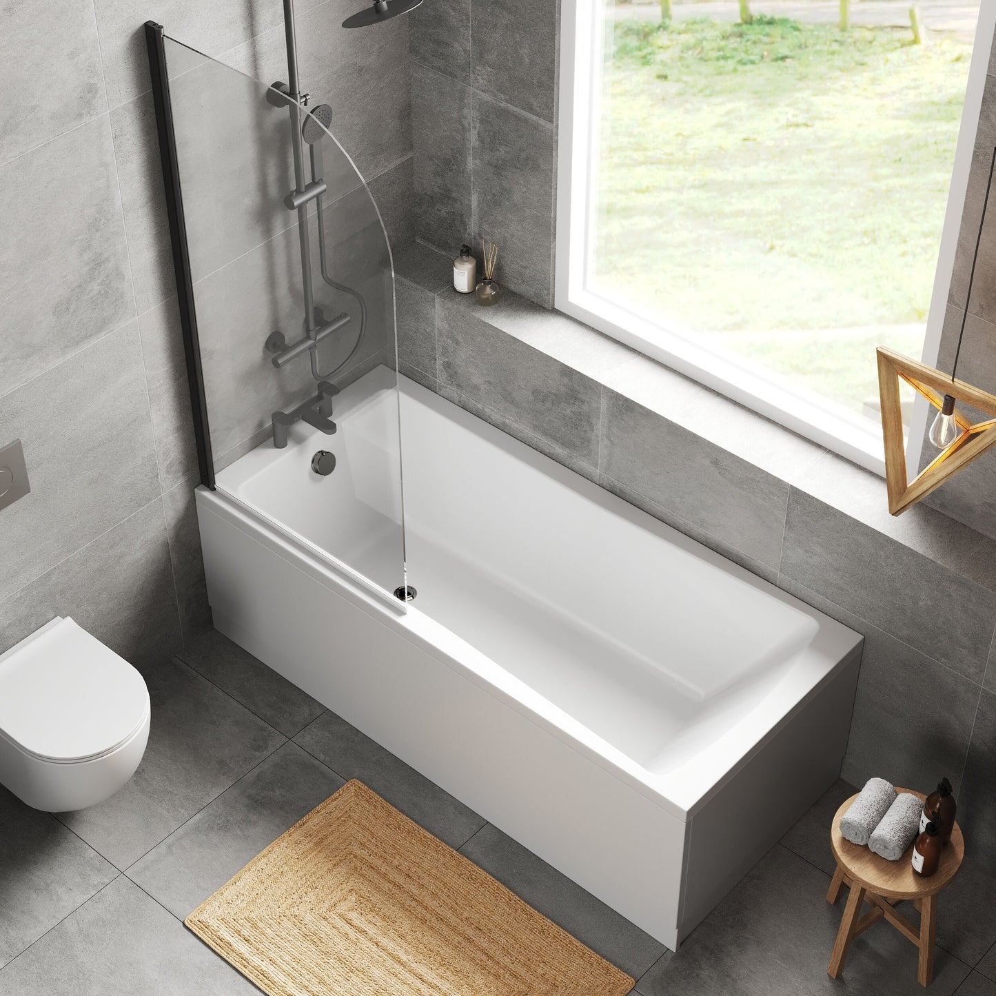 [BBZSE102] Square Single Ended 1700x750 Bath with Front Panel & Black Round Corner Screen - Lifestyle 2