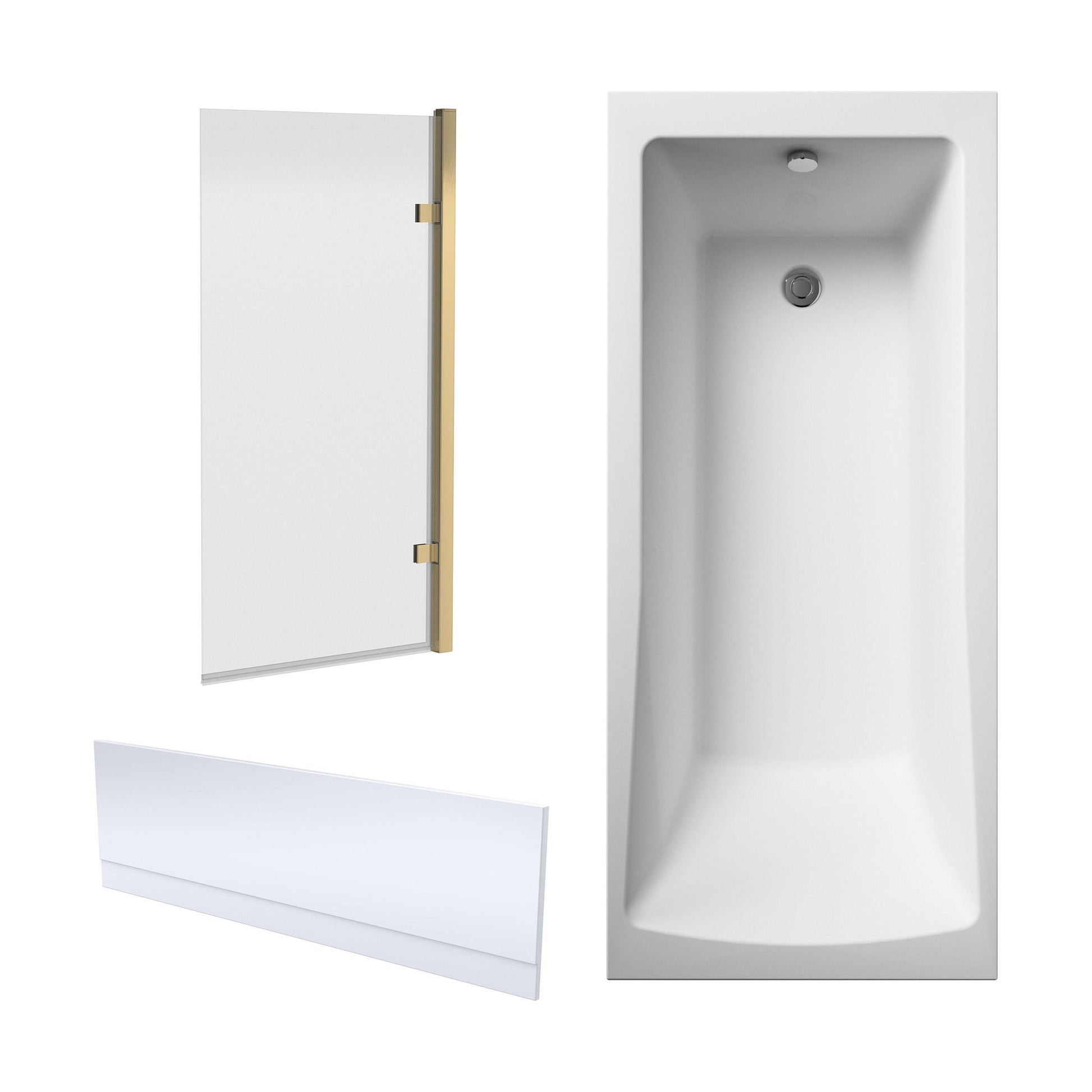 [BBZSE107] Square Single Ended 1700x700 Shower Bath Set - Front Panel & Brushed Brass Hinged Screen - Cutout