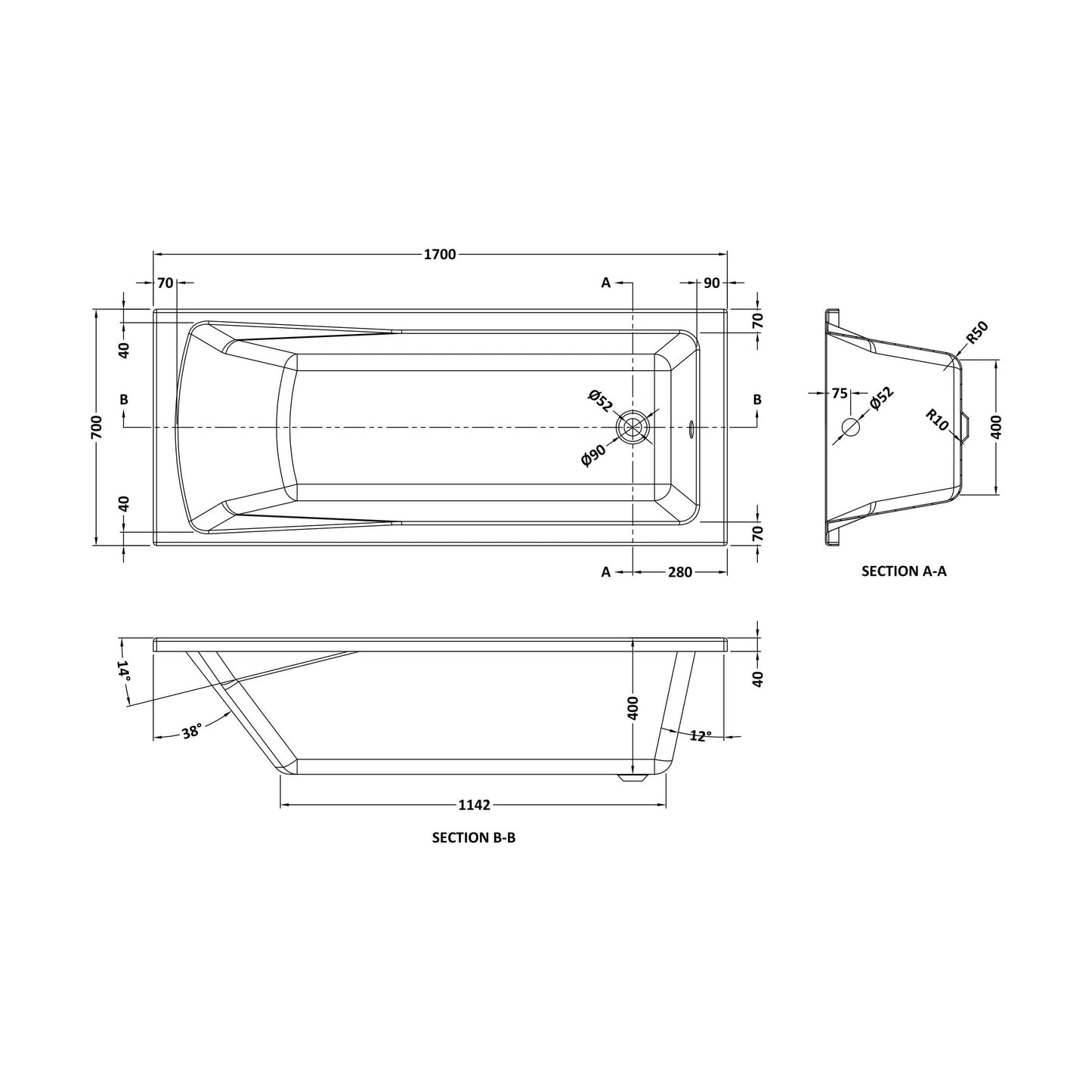 [BBZSE108] Square Single Ended 1700x700 Shower Bath Set - Front Panel & Brushed Brass Round Corner Screen - Technical Drawing