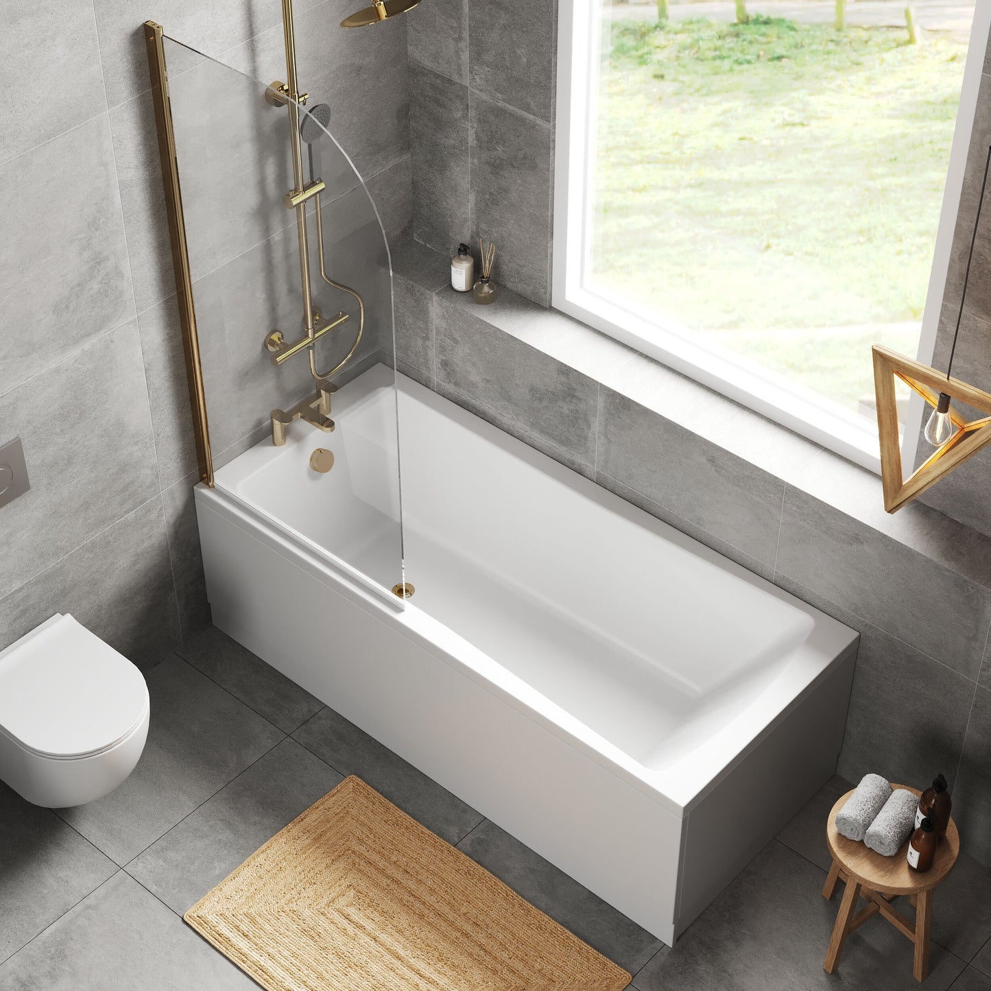 [BBZSE110] Square Single Ended1700x750 Shower Bath Set - Front Panel & Brushed Brass Round Corner Screen - Lifestyle 2