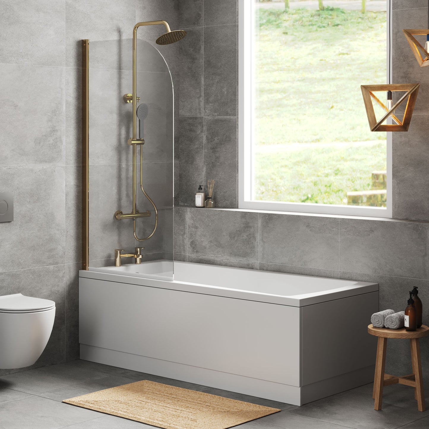 [BBZSE110] Square Single Ended1700x750 Shower Bath Set - Front Panel & Brushed Brass Round Corner Screen - Lifestyle 3
