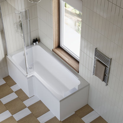 [BBZSS002] L Shape 1700x850 Shower Bath Set - Front Panel & Chrome Hinged Screen , Left Hand - Lifestyle 2