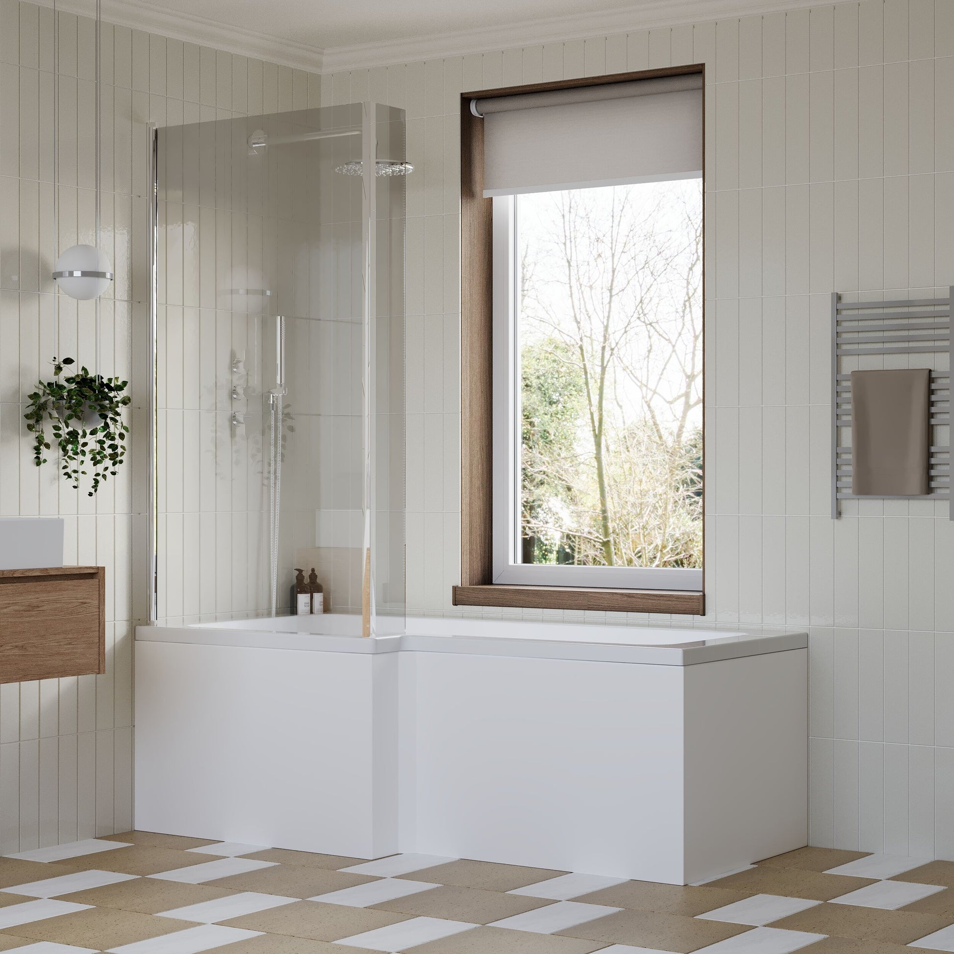 [BBZSS002] L Shape 1700x850 Shower Bath Set - Front Panel & Chrome Hinged Screen , Left Hand - Lifestyle 3