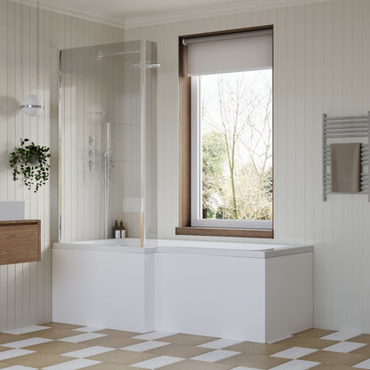 [BBZSS002] L Shape 1700x850 Shower Bath Set - Front Panel & Chrome Hinged Screen , Left Hand - Lifestyle 3