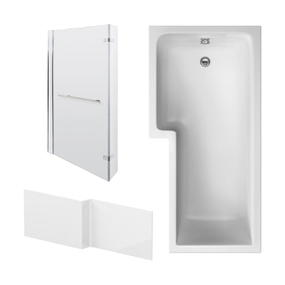 [BBZSS003] L Shape 1700x850 Shower Bath Set - Front Panel & Chrome Fixed Return Screen with Towel Rail, Left Hand - Cutout