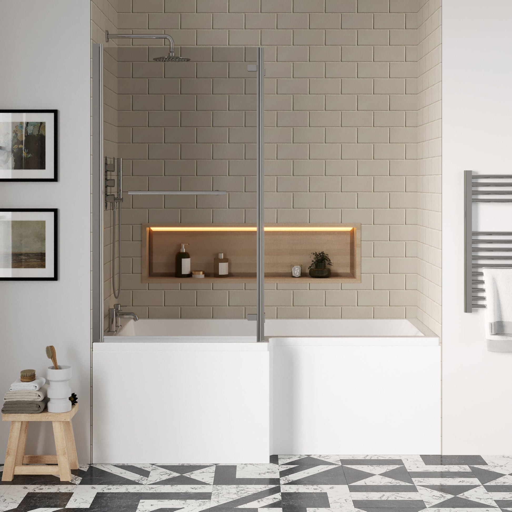 [BBZSS003] L Shape 1700x850 Shower Bath Set - Front Panel & Chrome Fixed Return Screen with Towel Rail, Left Hand - Lifestyle 1