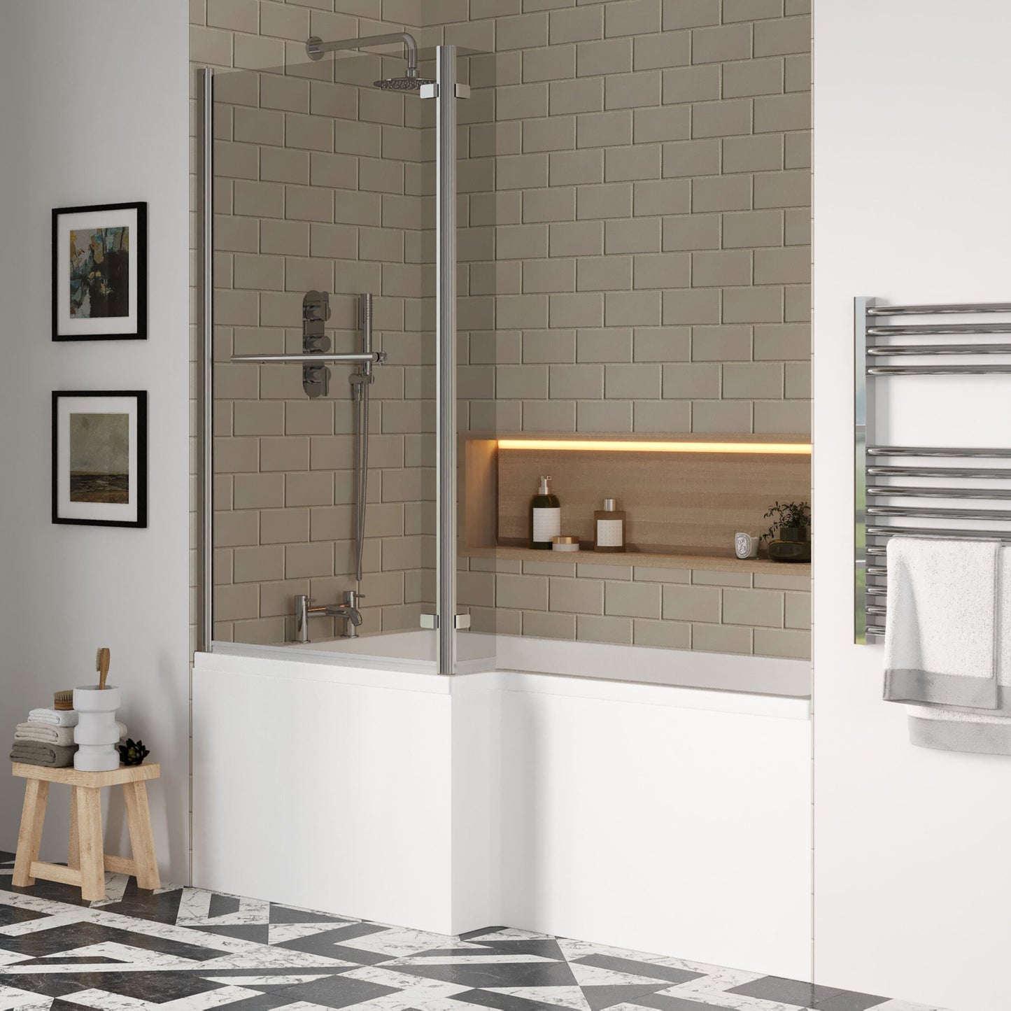 [BBZSS003] L Shape 1700x850 Shower Bath Set - Front Panel & Chrome Fixed Return Screen with Towel Rail, Left Hand - Lifestyle 3