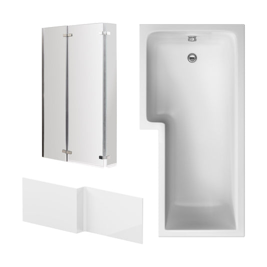 [BBZSS004] L Shape 1700x850 Shower Bath Set - Front Panel & 3 Panel Chrome Center Hinge Screen, Left Hand - Cutout
