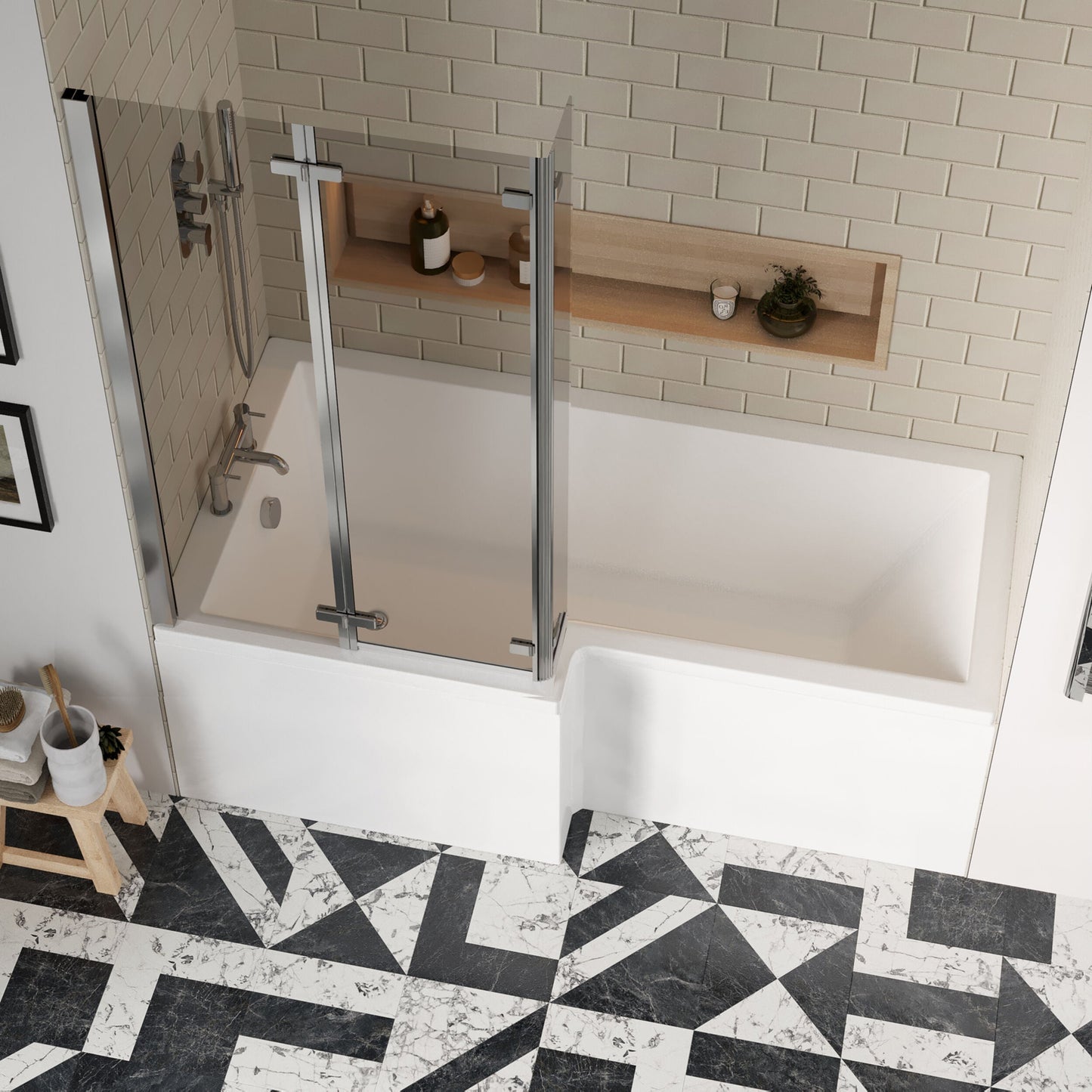 [BBZSS004] L Shape 1700x850 Shower Bath Set - Front Panel & 3 Panel Chrome Center Hinge Screen, Left Hand - Lifestyle 2